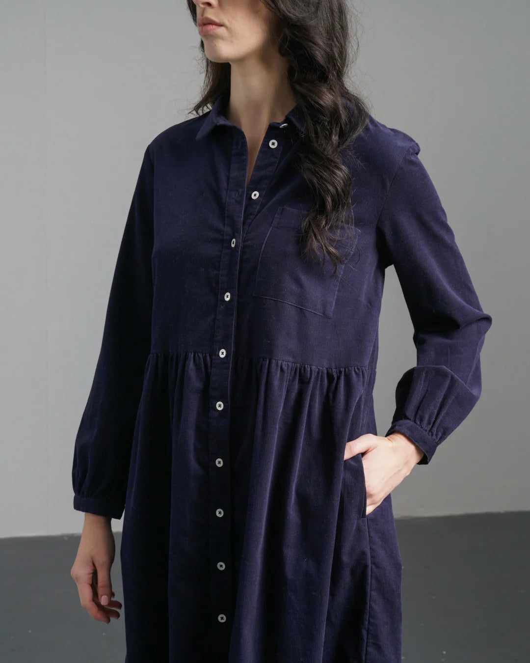 Bea 100% Organic Cotton Needlecord Shirt Dress in Navy