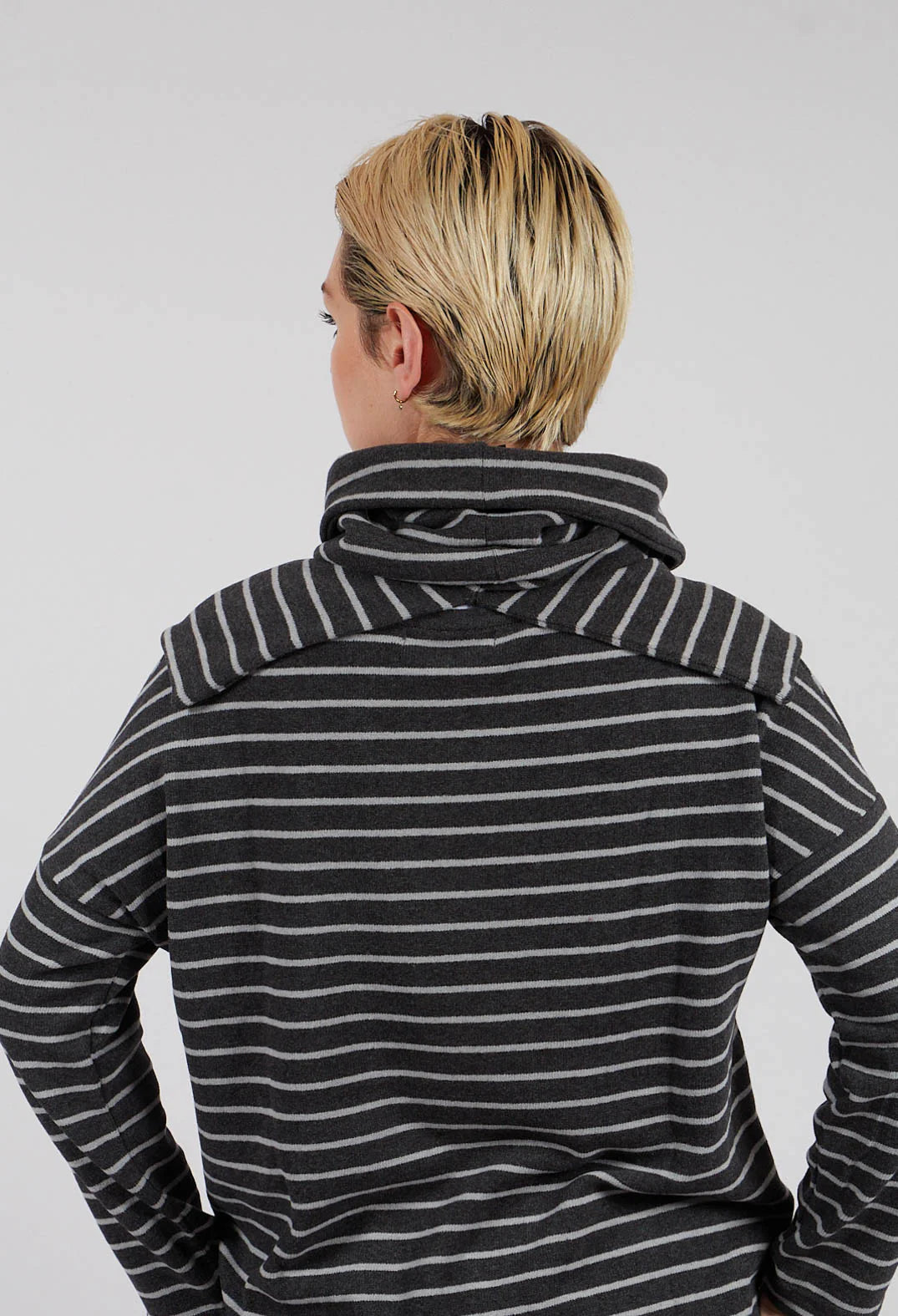 Spacco soft fleece snood in Charcoal and Pale Grey stripe