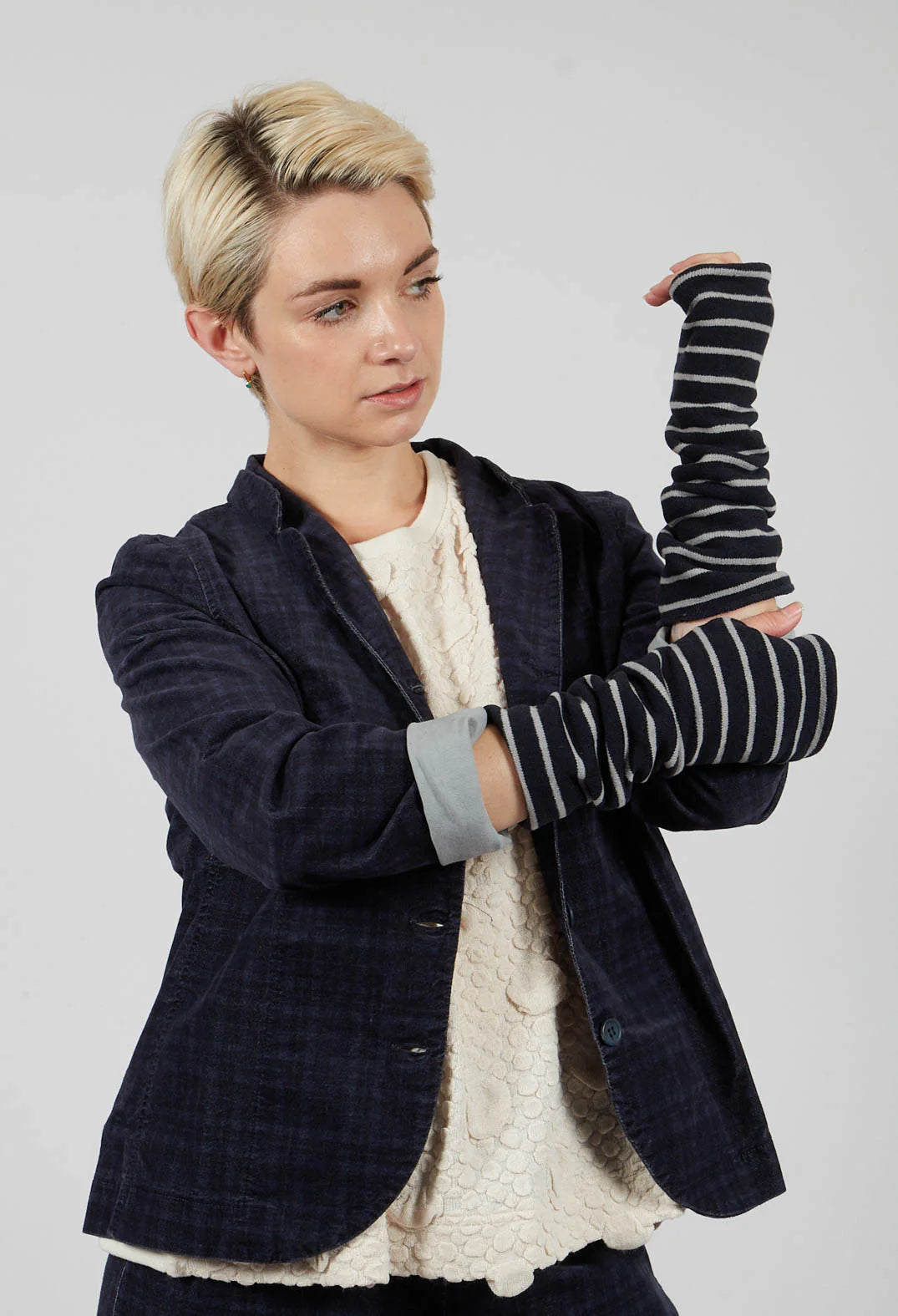 Cotto soft fleece arm warmers in Dark Navy and Pale Grey stripe