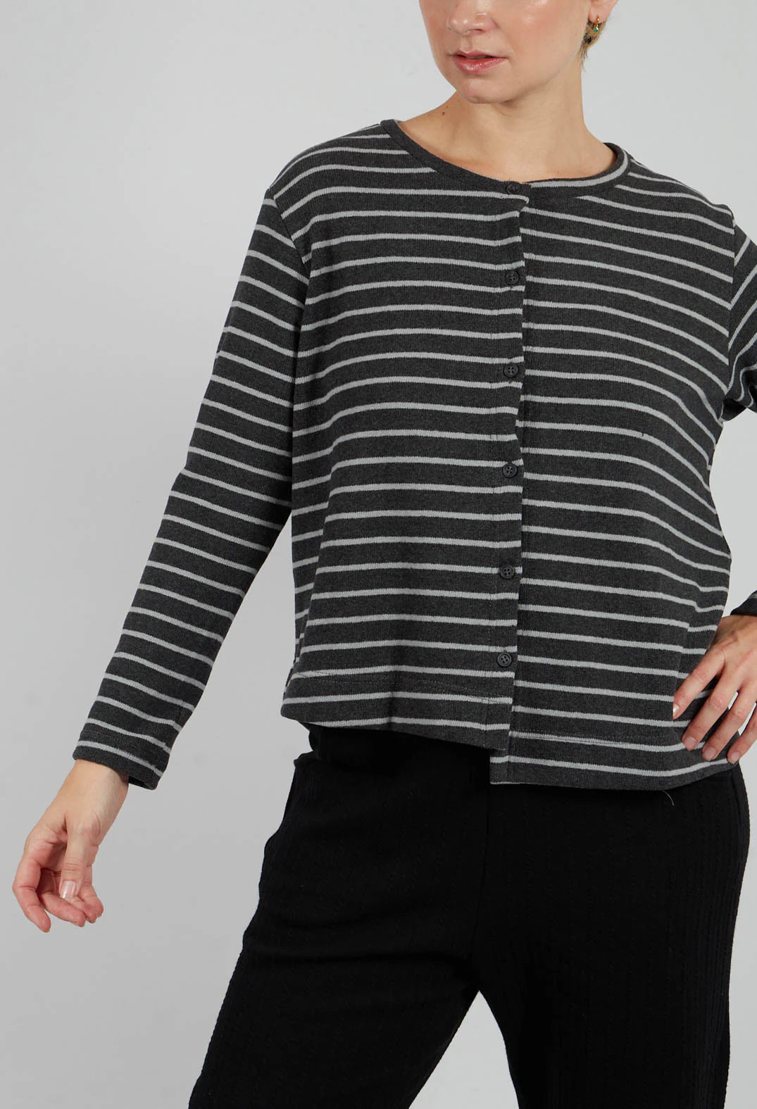 Crema Cardigan in soft cotton fleece in Charcoal and White Stripe
