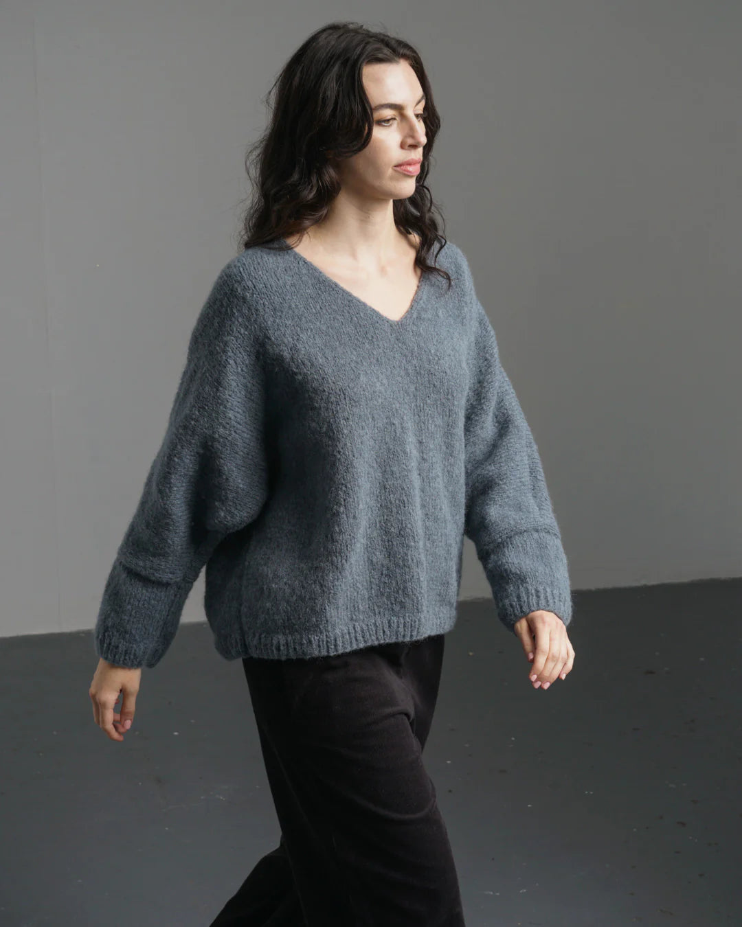Leah V- Neck Wool Jumper in Smoked Blue