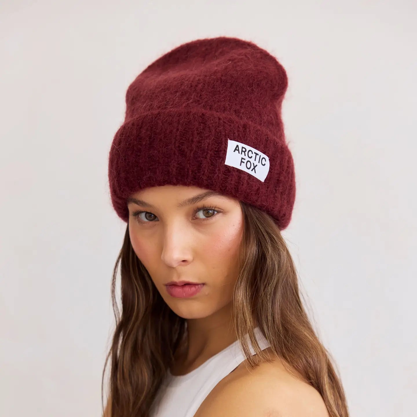 The Mohair Wool Beanie in Cherry Burgundy