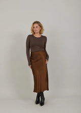 Skyler Mid Length Silky Skirt in Autumn Brown