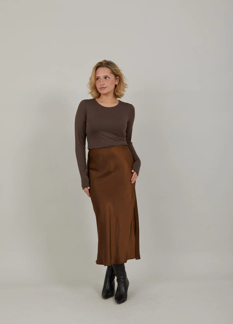 Skyler Mid Length Silky Skirt in Autumn Brown