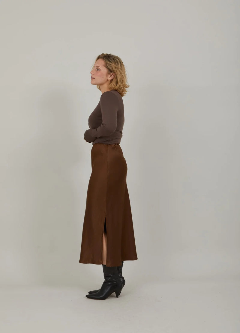 Skyler Mid Length Silky Skirt in Autumn Brown