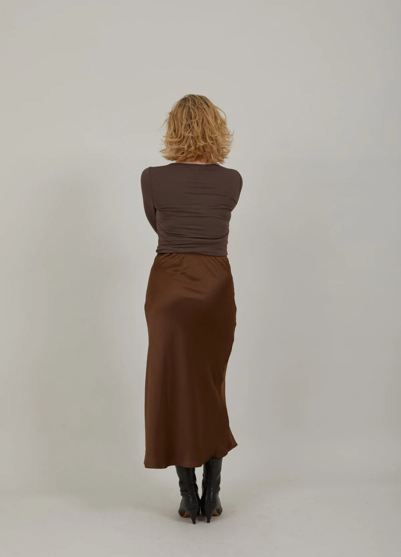 Skyler Mid Length Silky Skirt in Autumn Brown