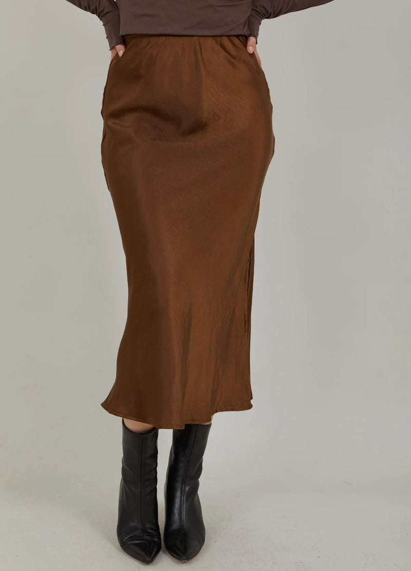 Skyler Mid Length Silky Skirt in Autumn Brown