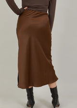 Skyler Mid Length Silky Skirt in Autumn Brown