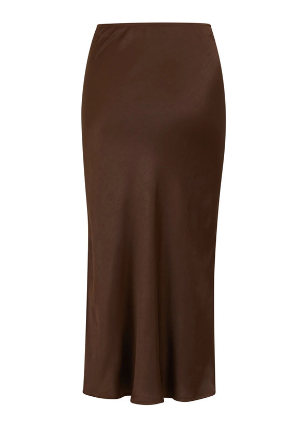 Skyler Mid Length Silky Skirt in Autumn Brown