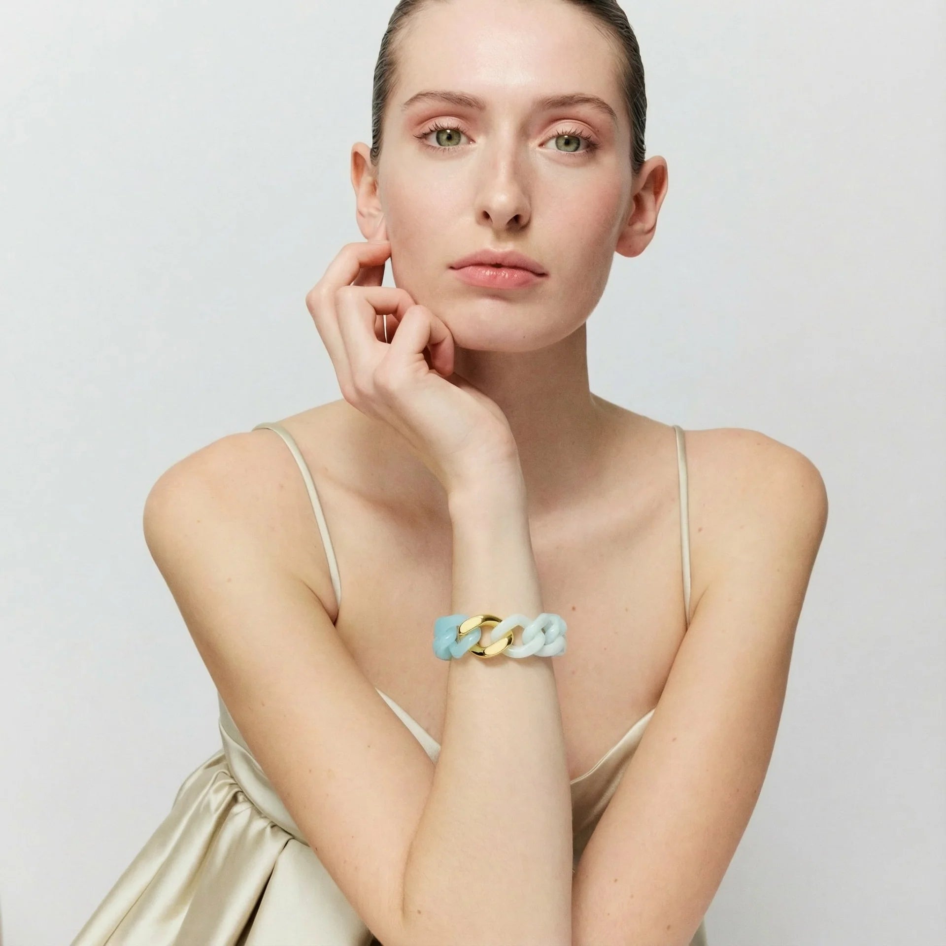 Flat Chain Bracelet 2 Colour with Gold link in Cloud Marble and  Opaline Blue