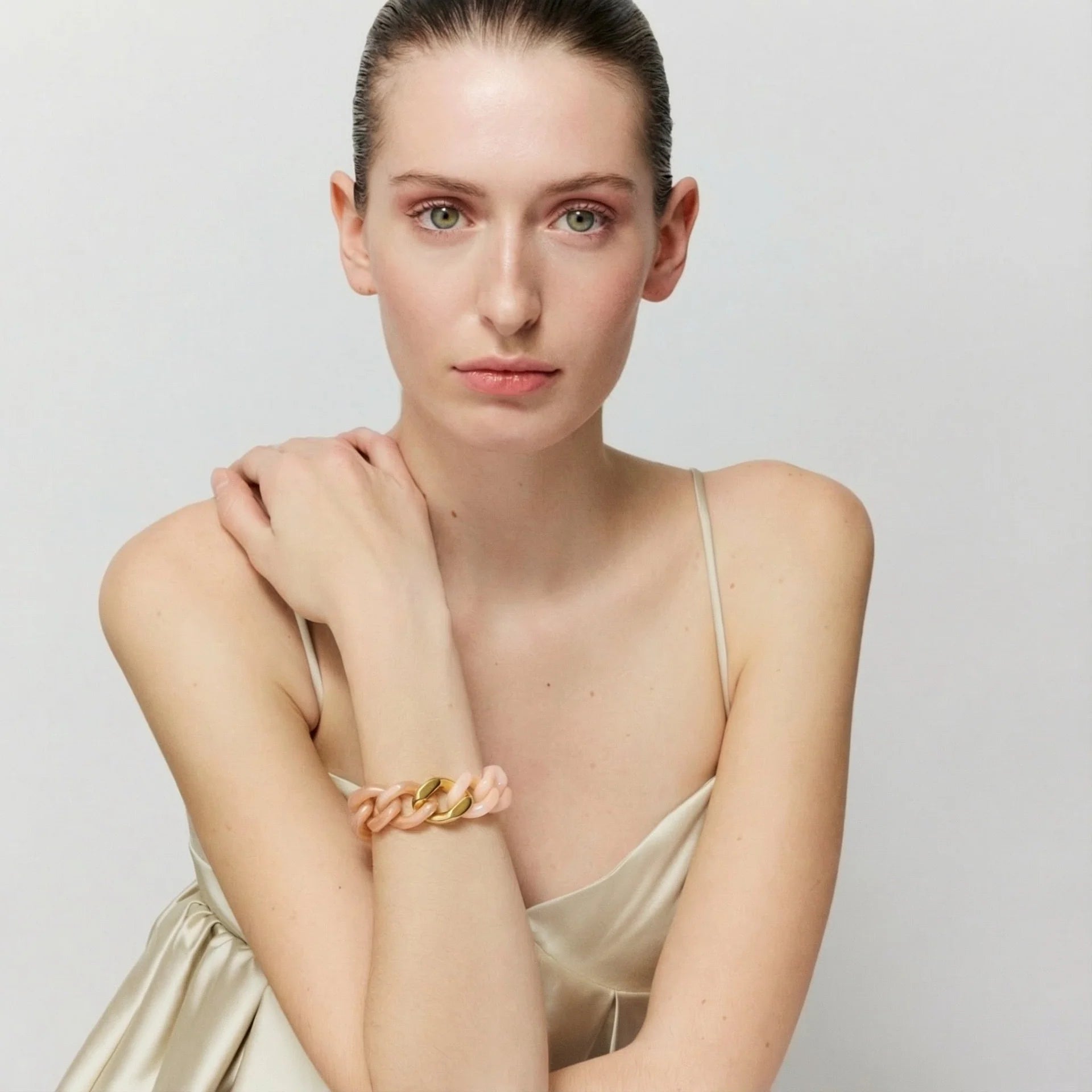 Flat Chain Bracelet 2 Colour with Gold link in Blush Marble and Peach Sorbet