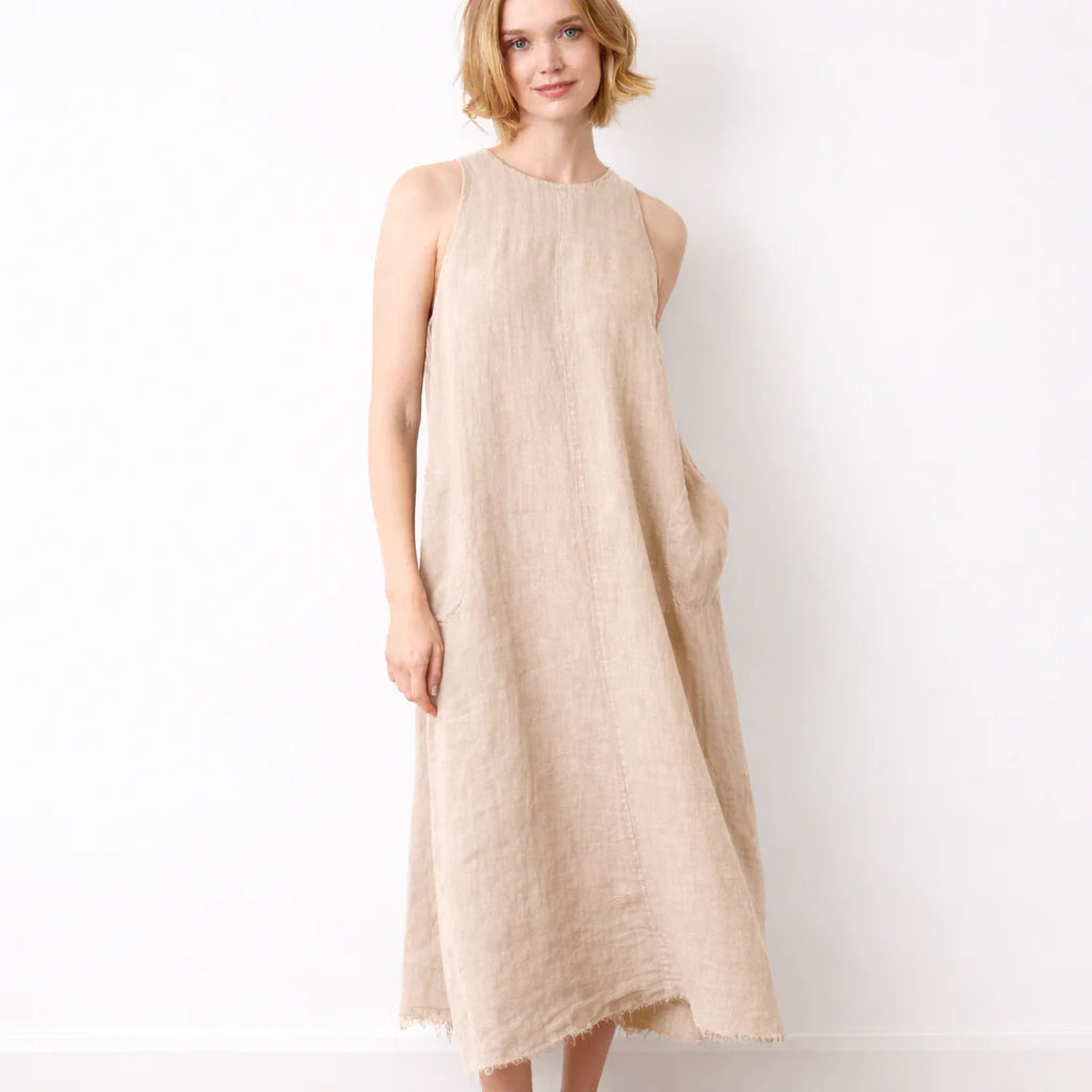 Sleeveless Maxi  Dress With Raw Hem 100%Linen