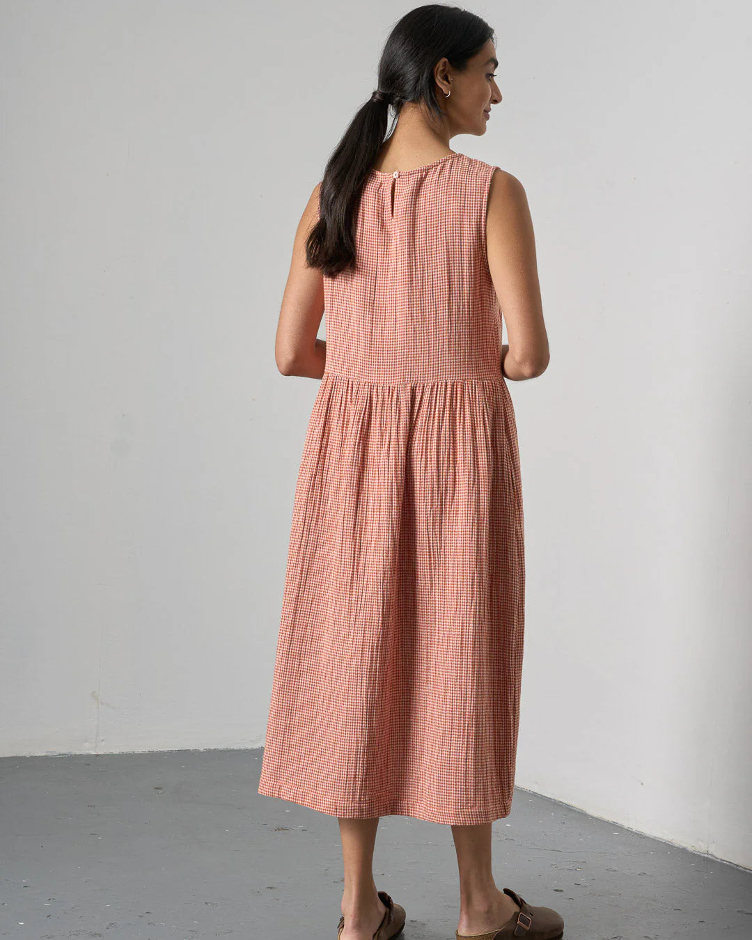 100% Organic Cotton Elaine Sleeveless Dress in Ecru and Rust small check