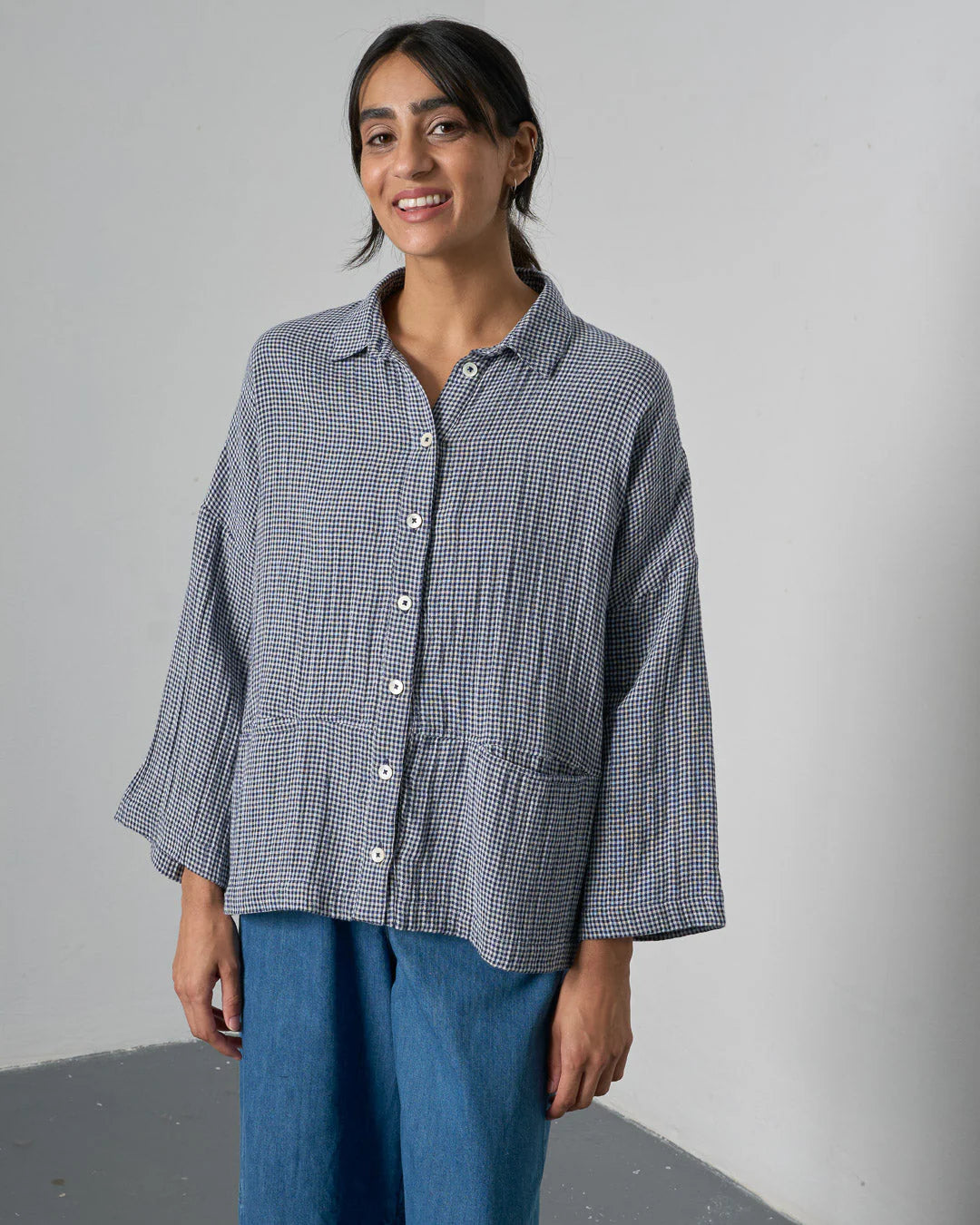 100% Cotton Anya Navy Check Oversized Blouse