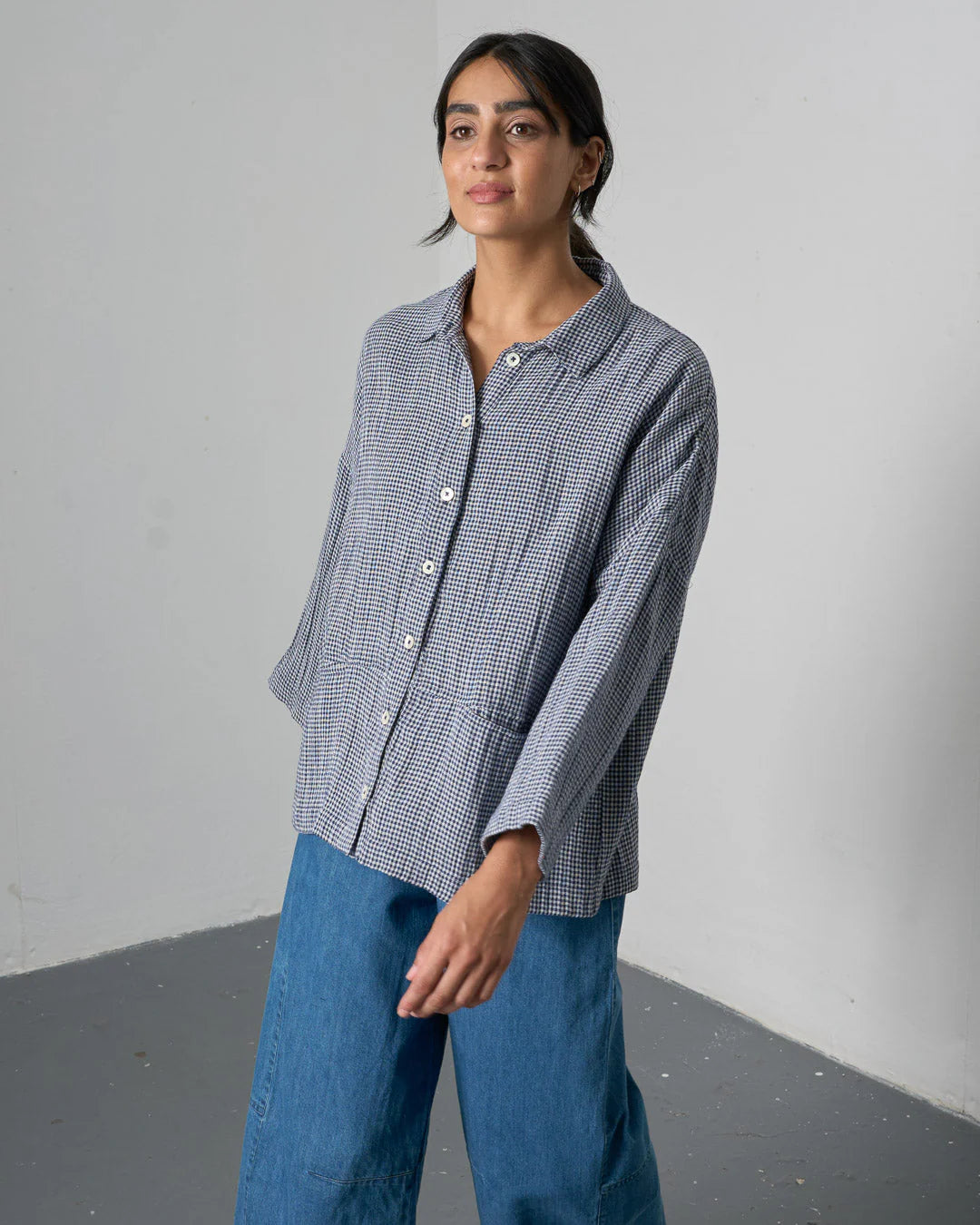 100% Cotton Anya Navy Check Oversized Blouse