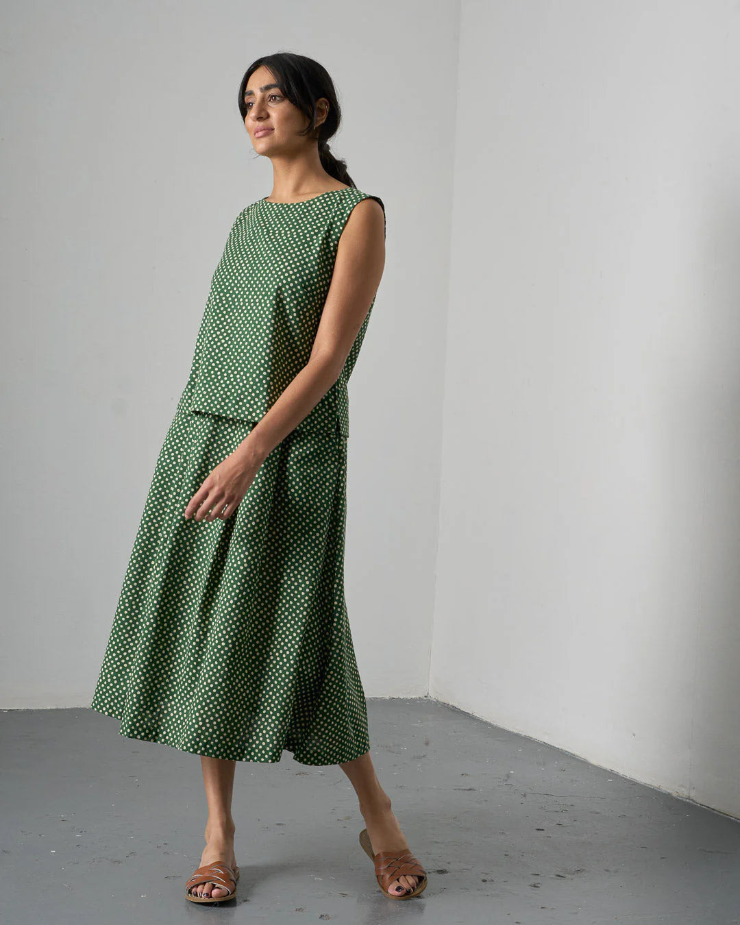 100% Cotton Wander Midi Skirt Green Dot