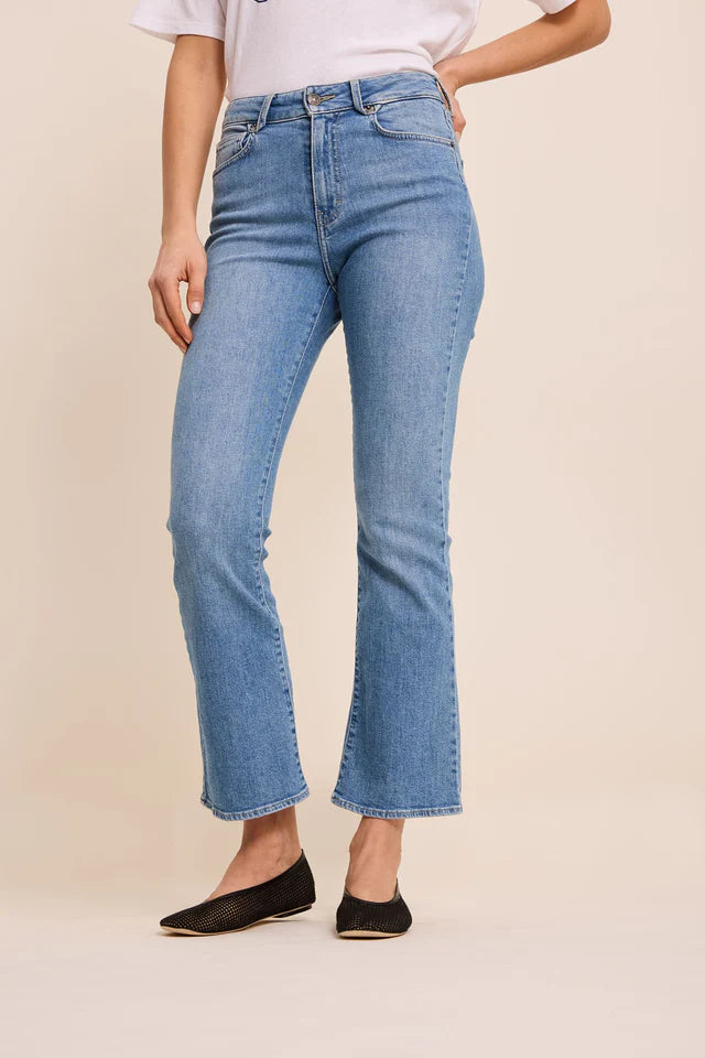 100% Cotton Maylan Crop Flare Jean in Light Blue