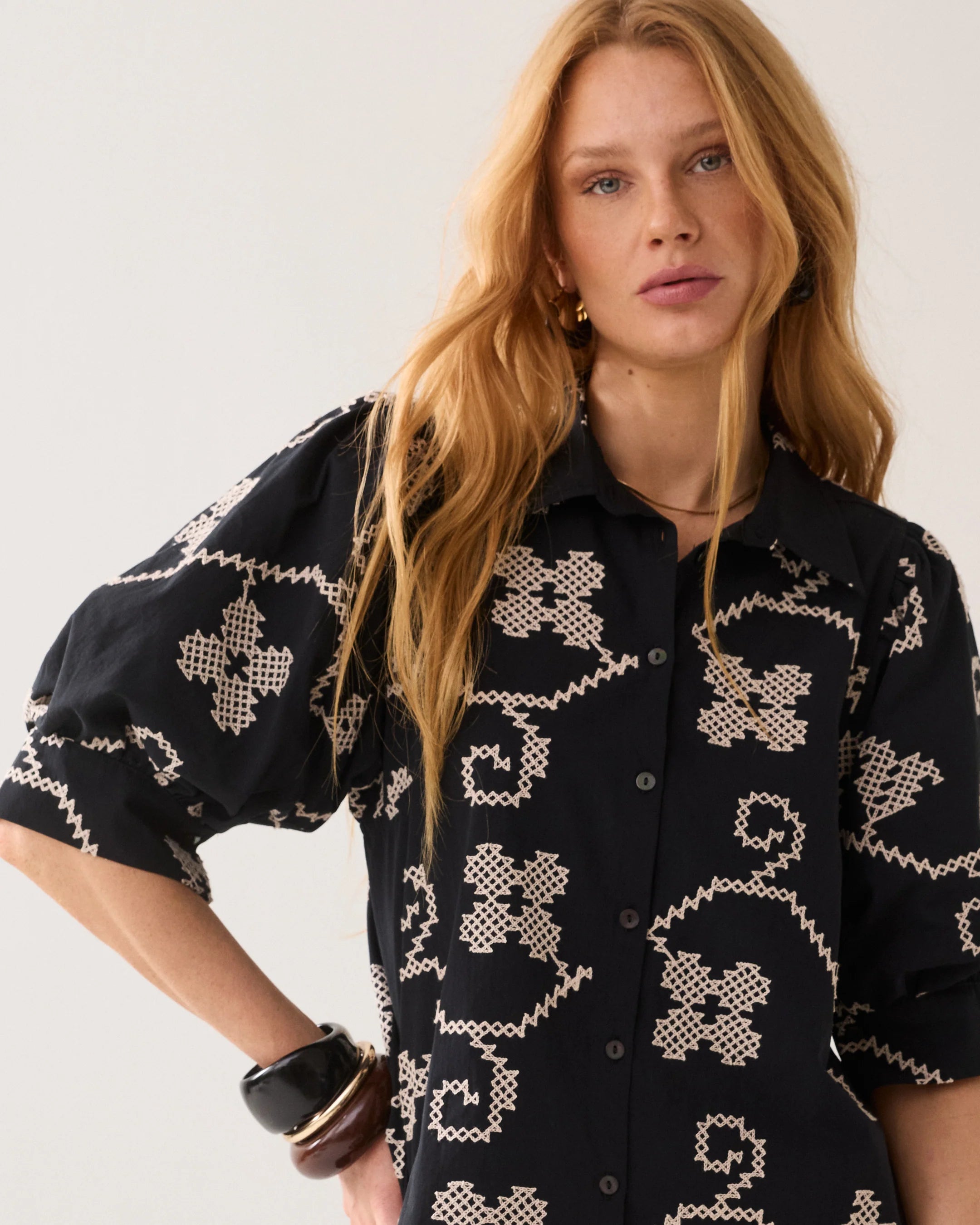 100% Cotton Embroidered Blouse in Black and Cream