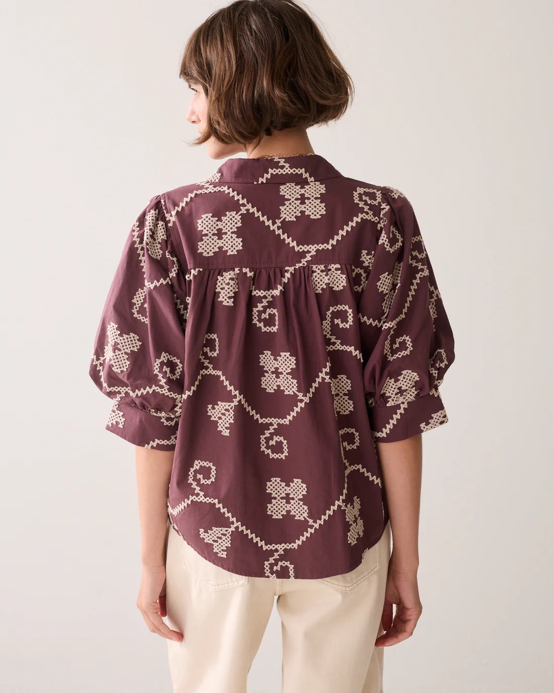 100% Cotton Embroidered Blouse in Plum and Cream