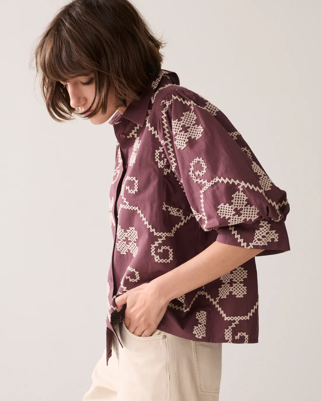 100% Cotton Embroidered Blouse in Plum and Cream
