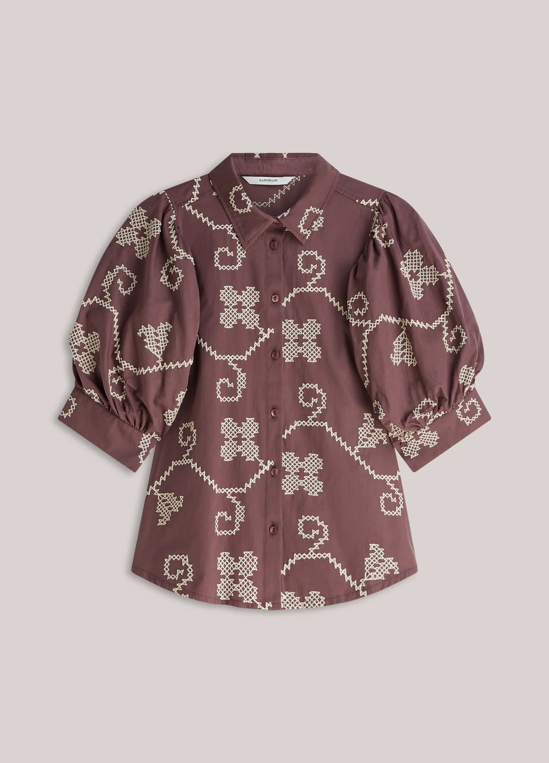 100% Cotton Embroidered Blouse in Plum and Cream