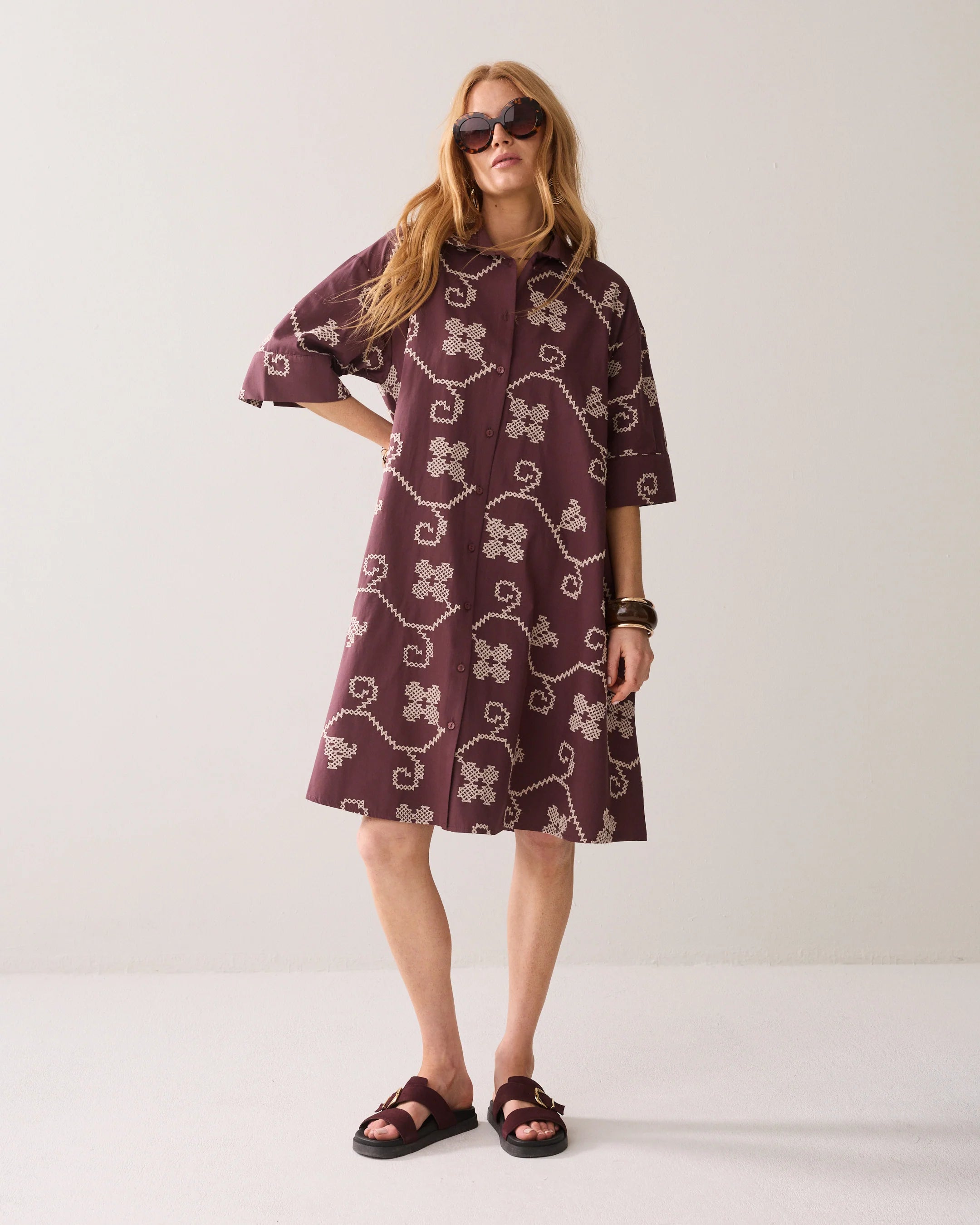 100% Cotton Embroidered A Line Tunic Dress in Plum and Cream