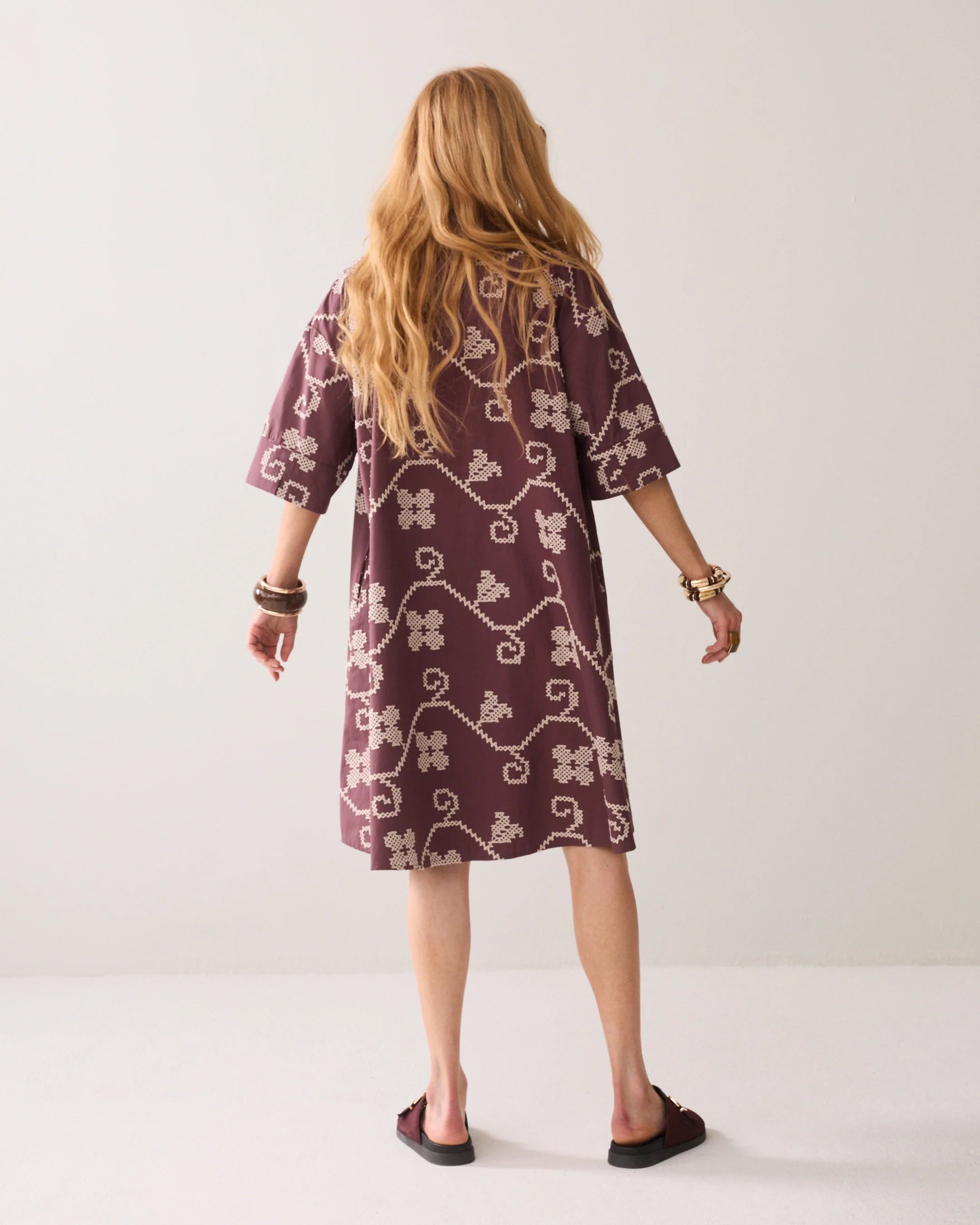100% Cotton Embroidered A Line Tunic Dress in Plum and Cream
