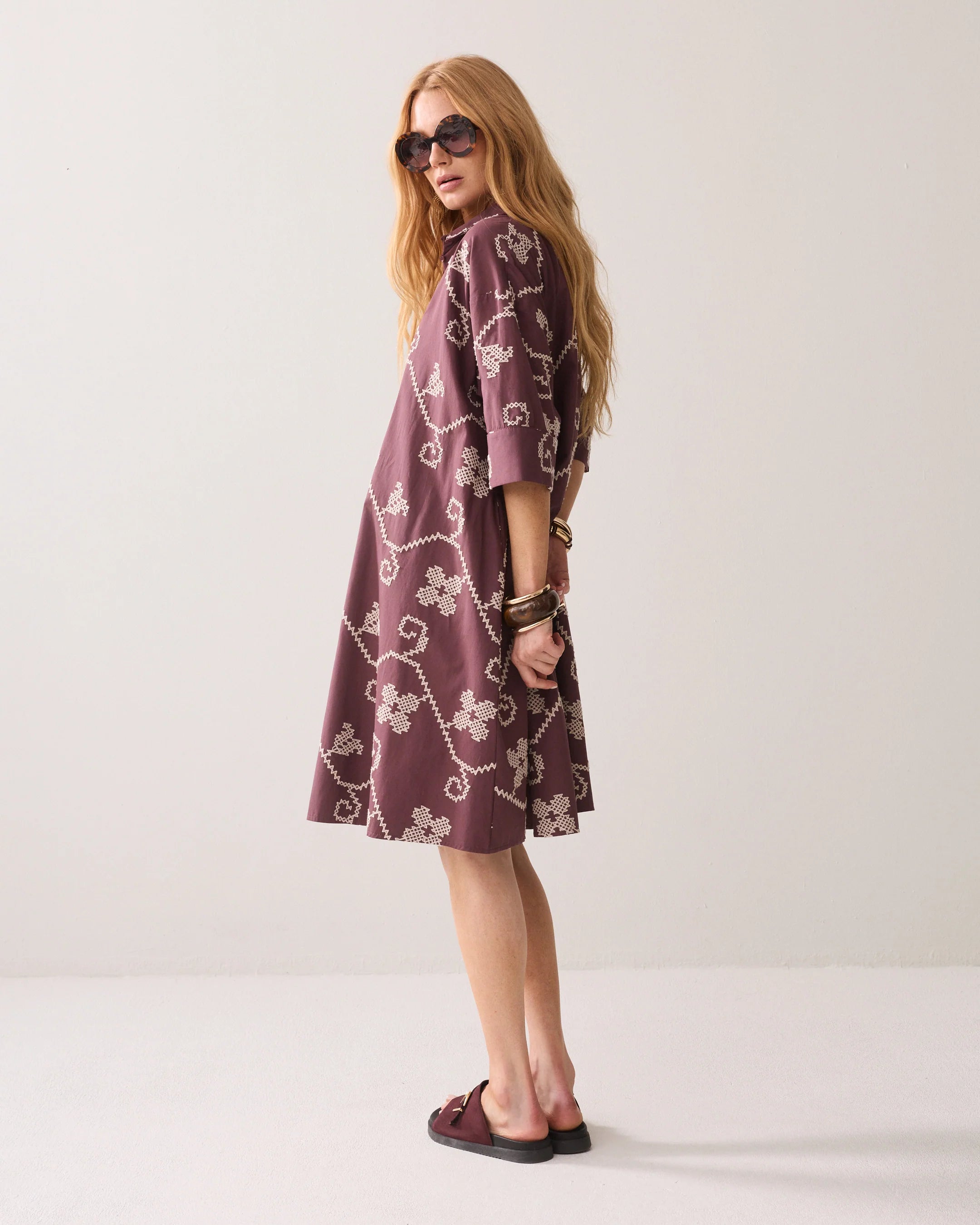 100% Cotton Embroidered A Line Tunic Dress in Plum and Cream
