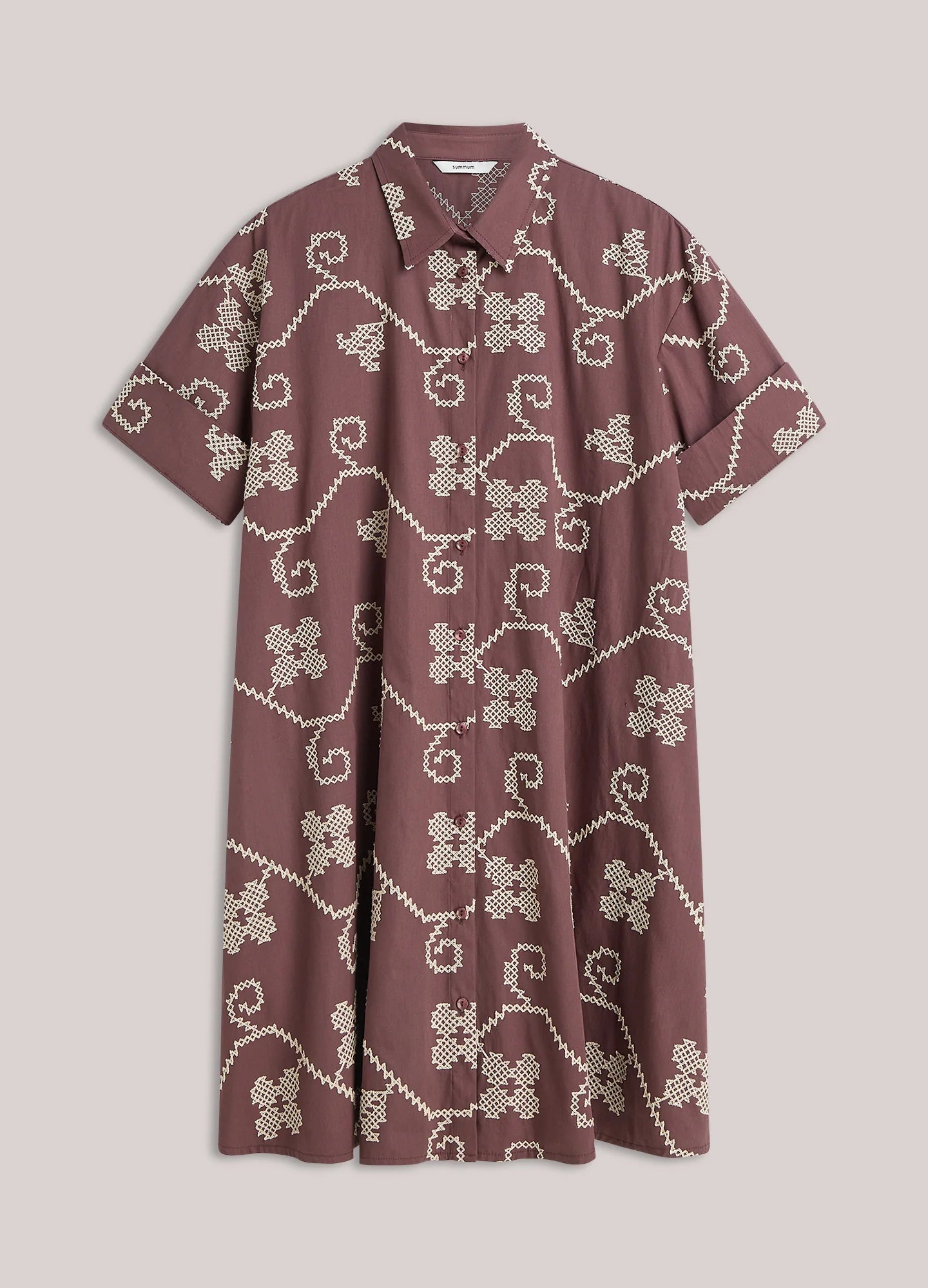 100% Cotton Embroidered A Line Tunic Dress in Plum and Cream