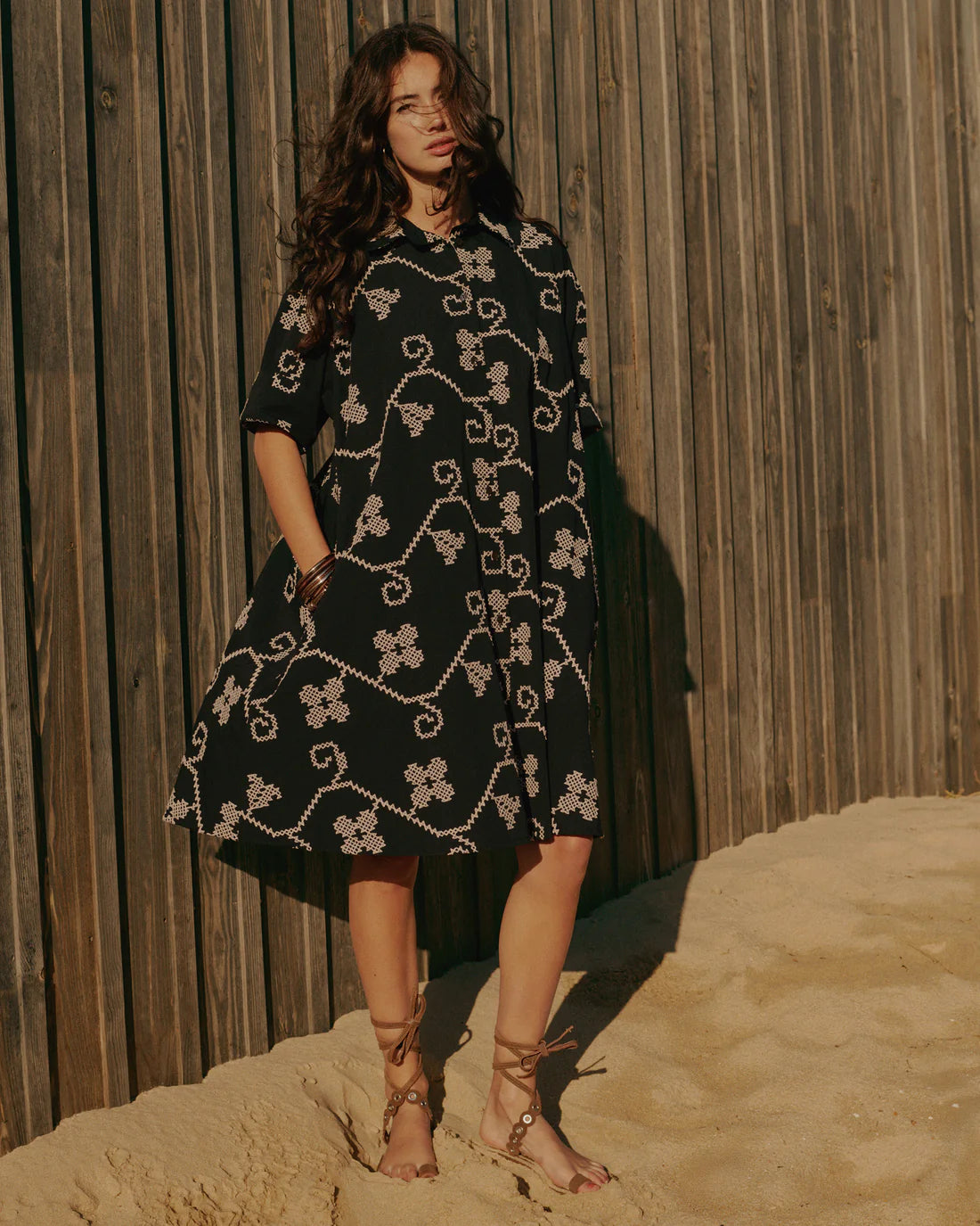 100% Cotton Embroidered A Line Tunic Dress in Black and Cream