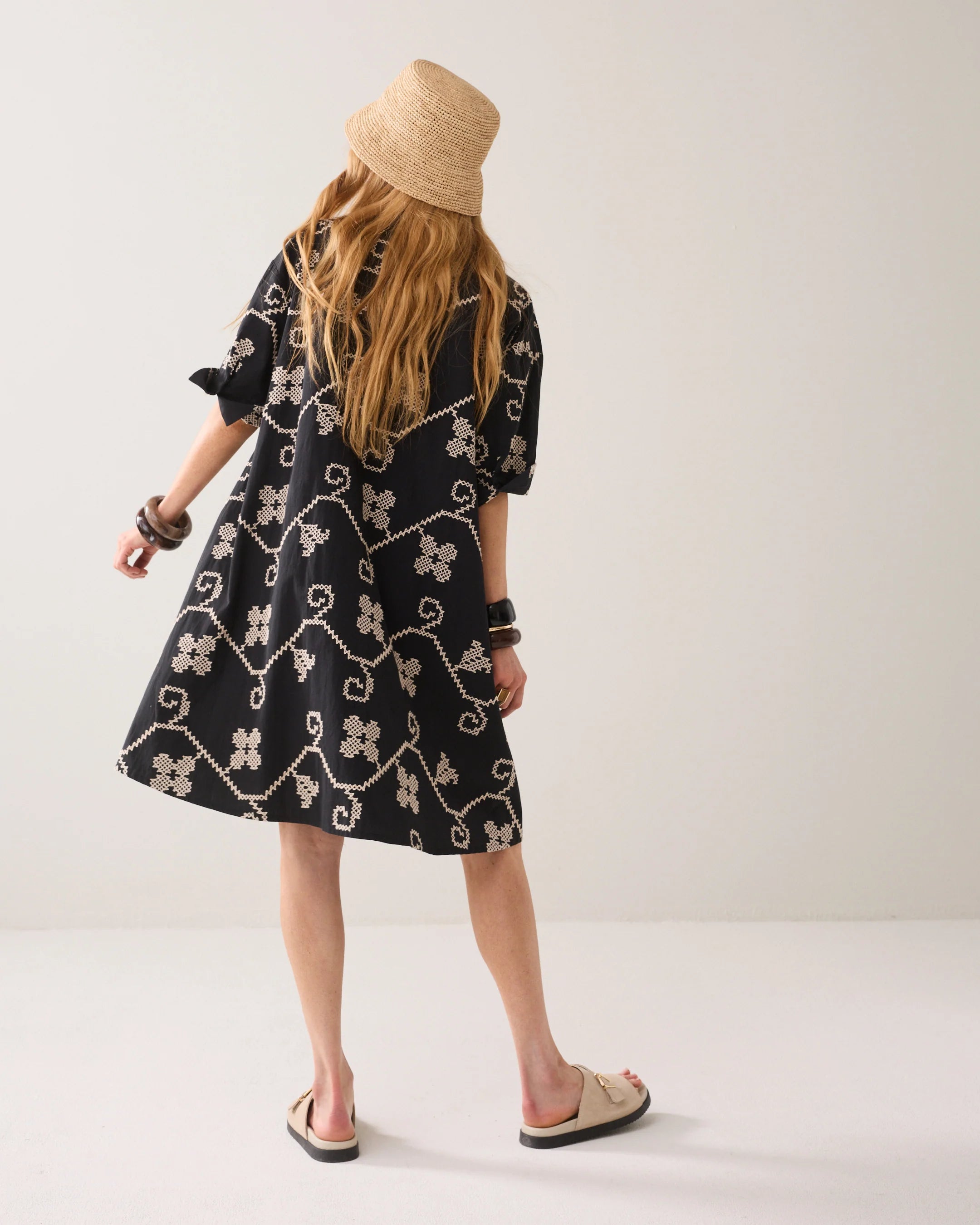 100% Cotton Embroidered A Line Tunic Dress in Black and Cream