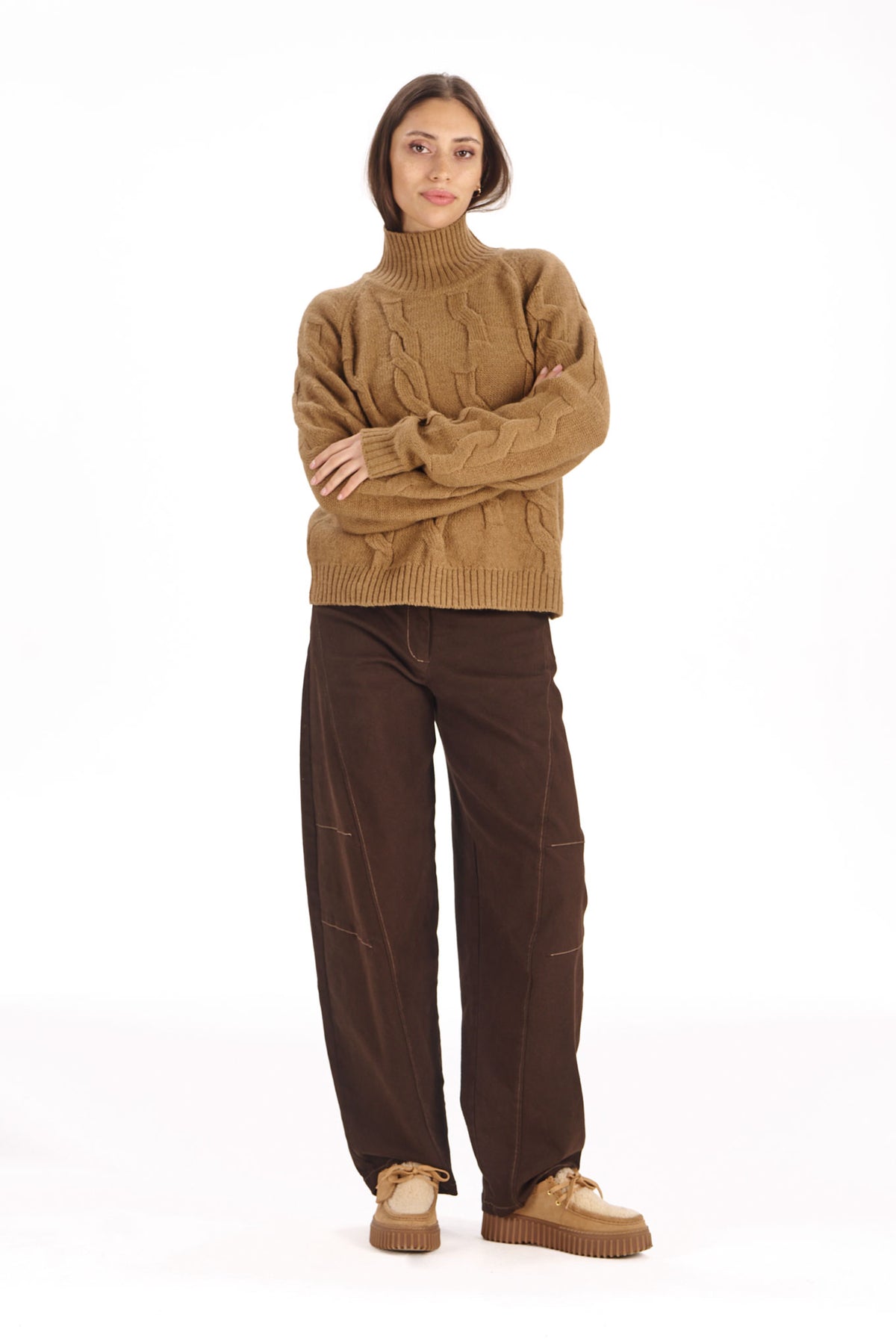100% Lambswool Broken Cable Jumper in Camel