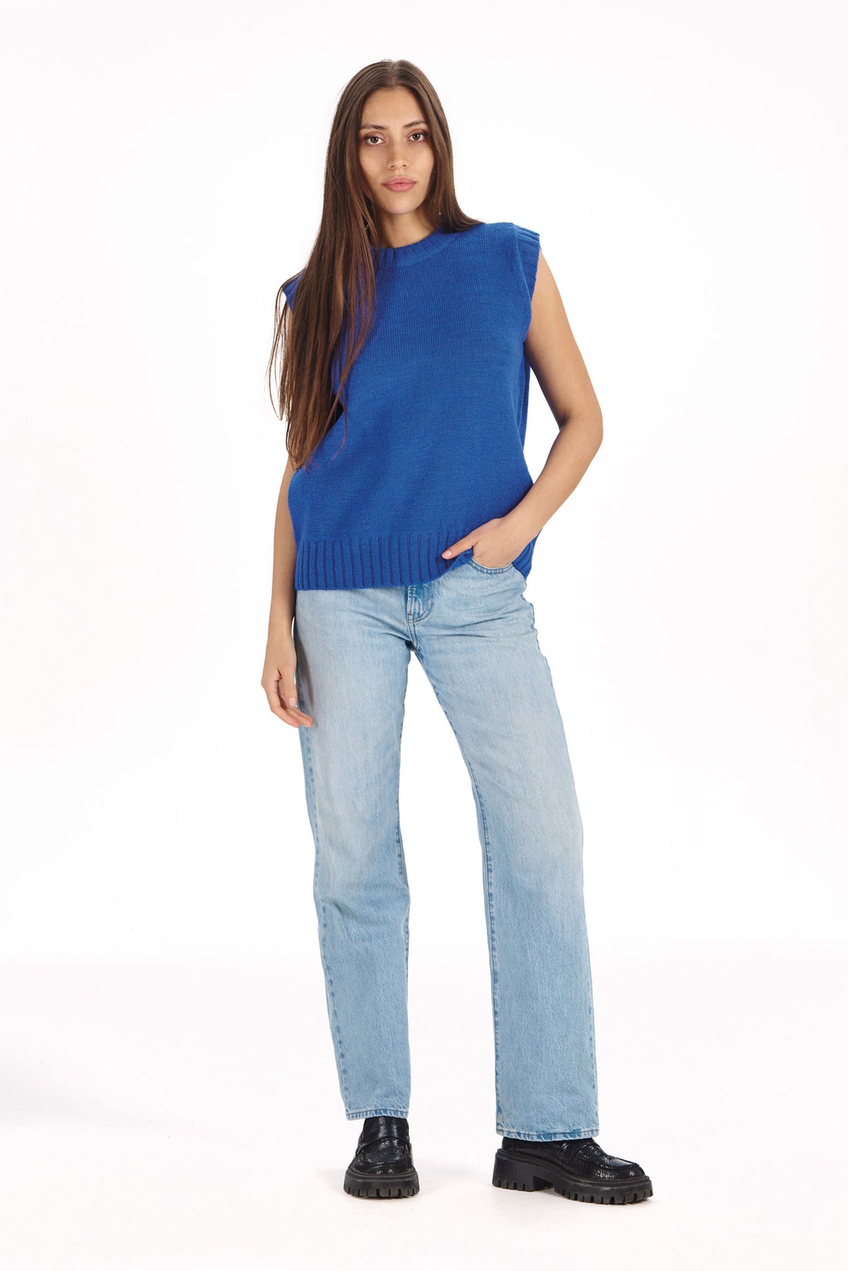100% Lambswool India Vest in cobalt
