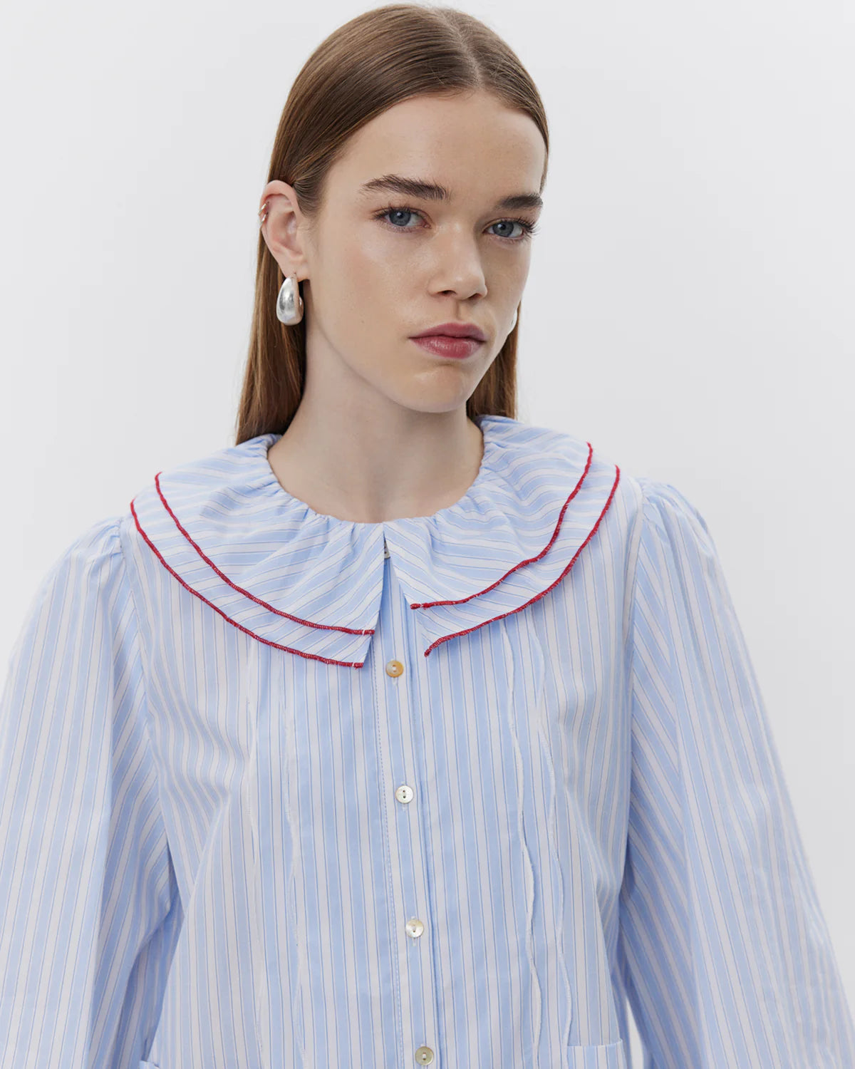 Alexa Ruffle Collar Shirt - Blue Stripe