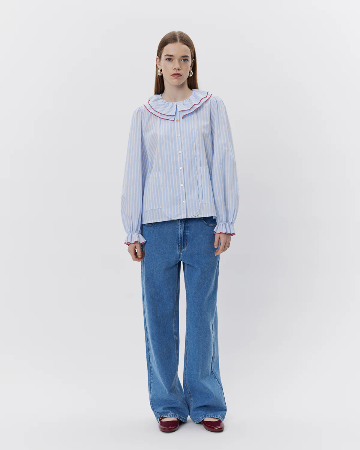 Alexa Ruffle Collar Shirt - Blue Stripe