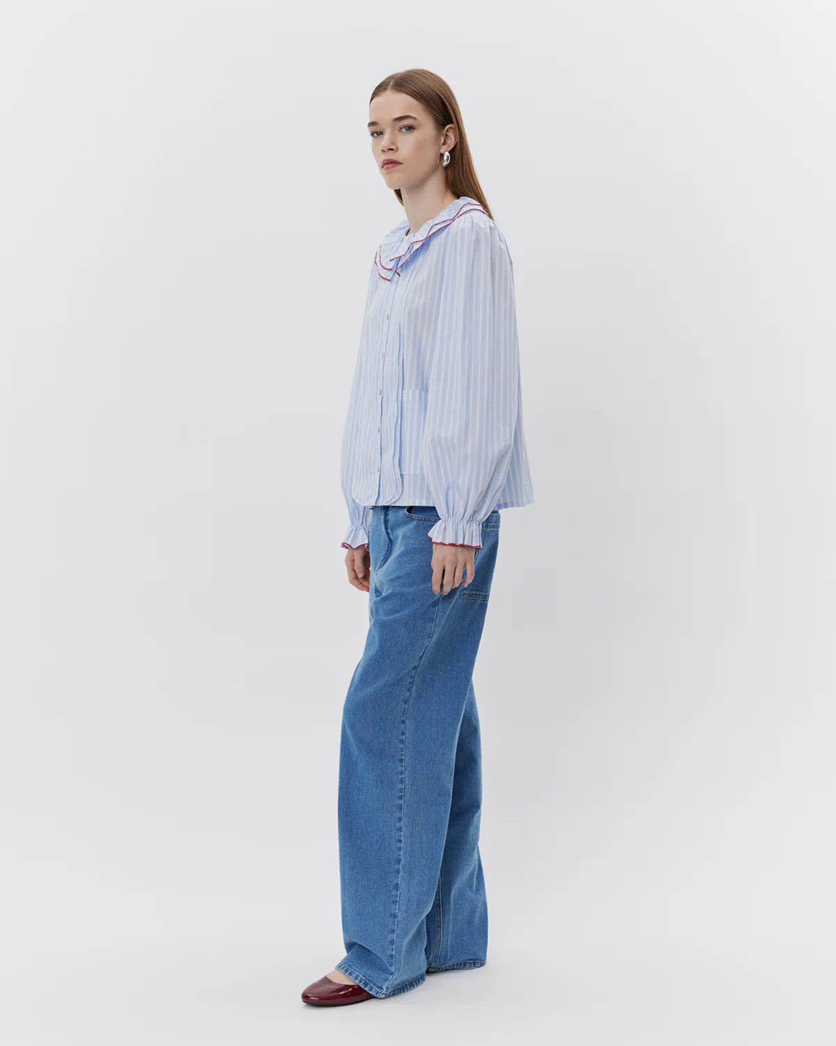 Alexa Ruffle Collar Shirt - Blue Stripe