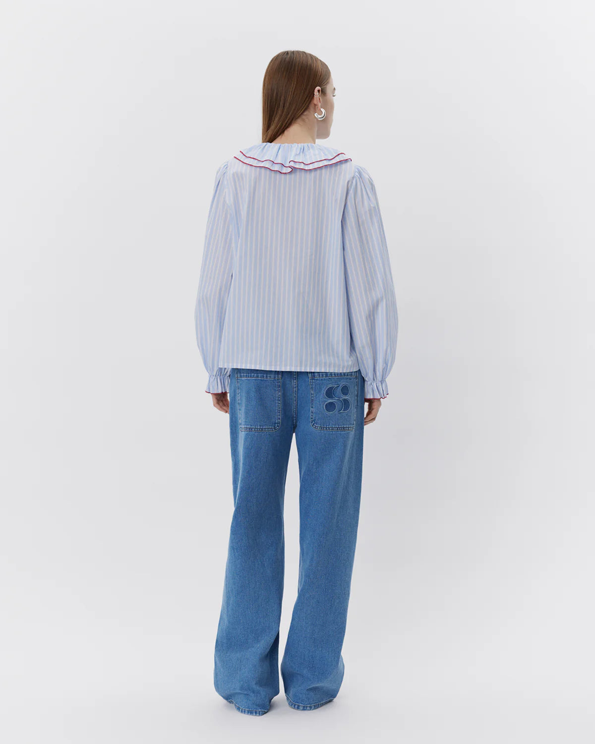 Alexa Ruffle Collar Shirt - Blue Stripe