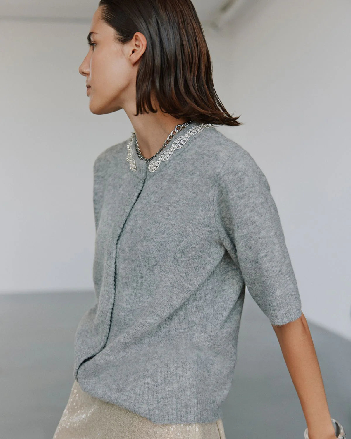 Short Sleeve Cardigan Diamanté Neckline - Grey Melange