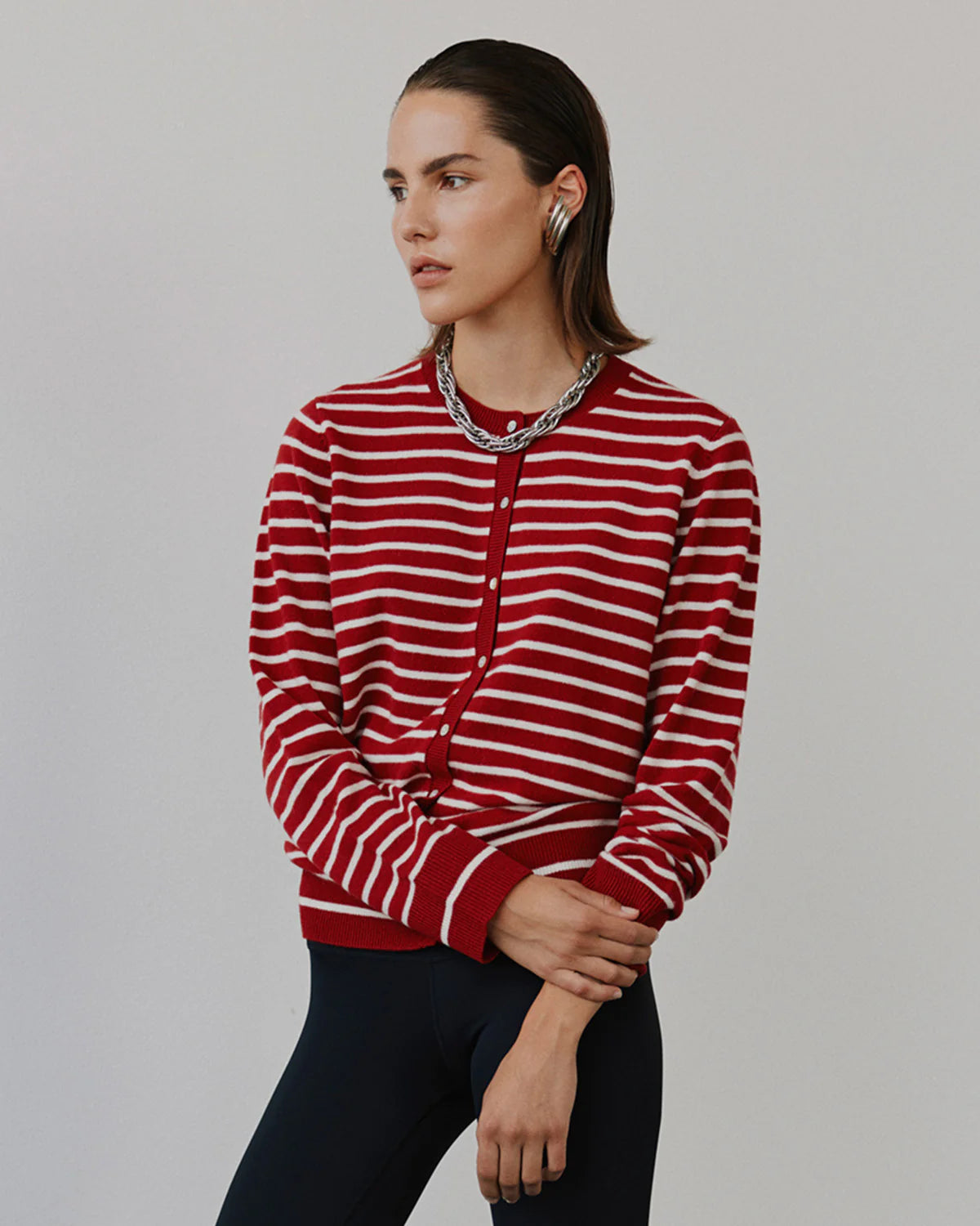 Striped Long Sleeved Cardigan - Red/Off White