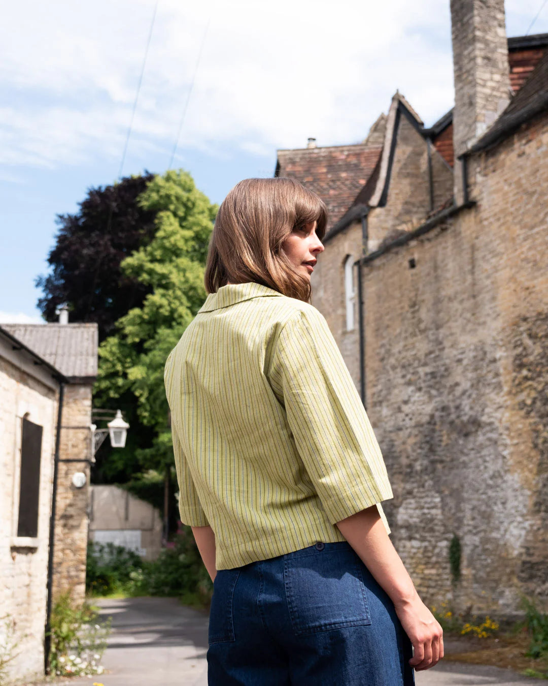 100% Organic Cotton Gina Blouse in Avocado Stripe