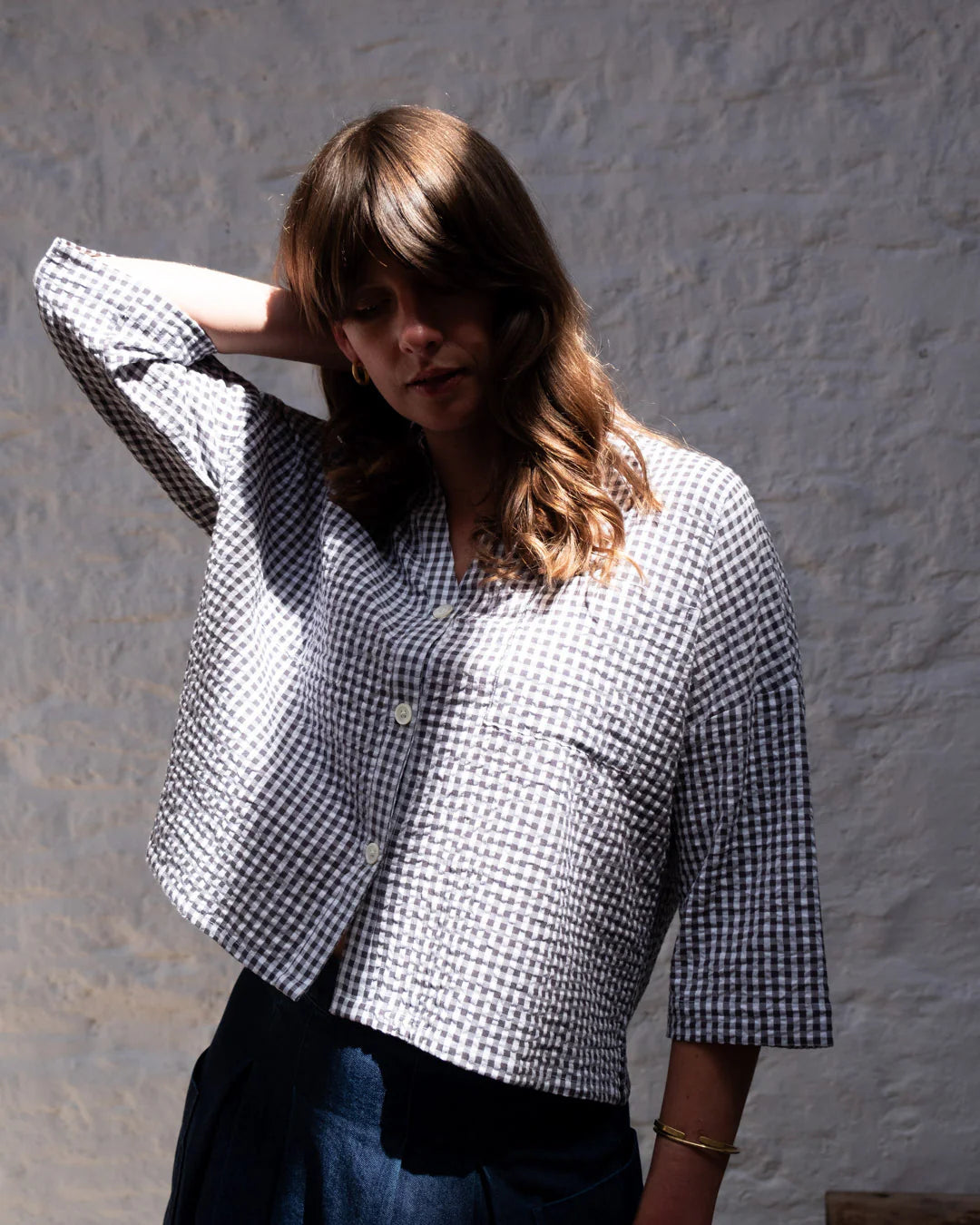 100% Organic Cotton Ada Blouse in Dove Grey Gingham Check