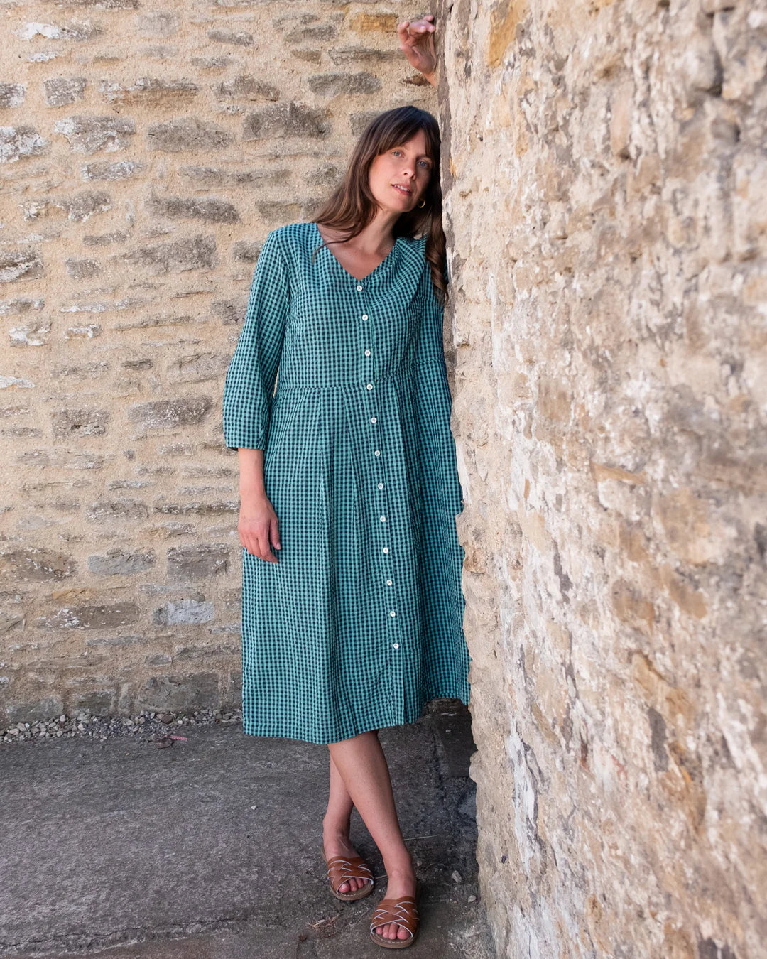 100% Organic Cotton Jane Midi Dress in Jade Gingham Check