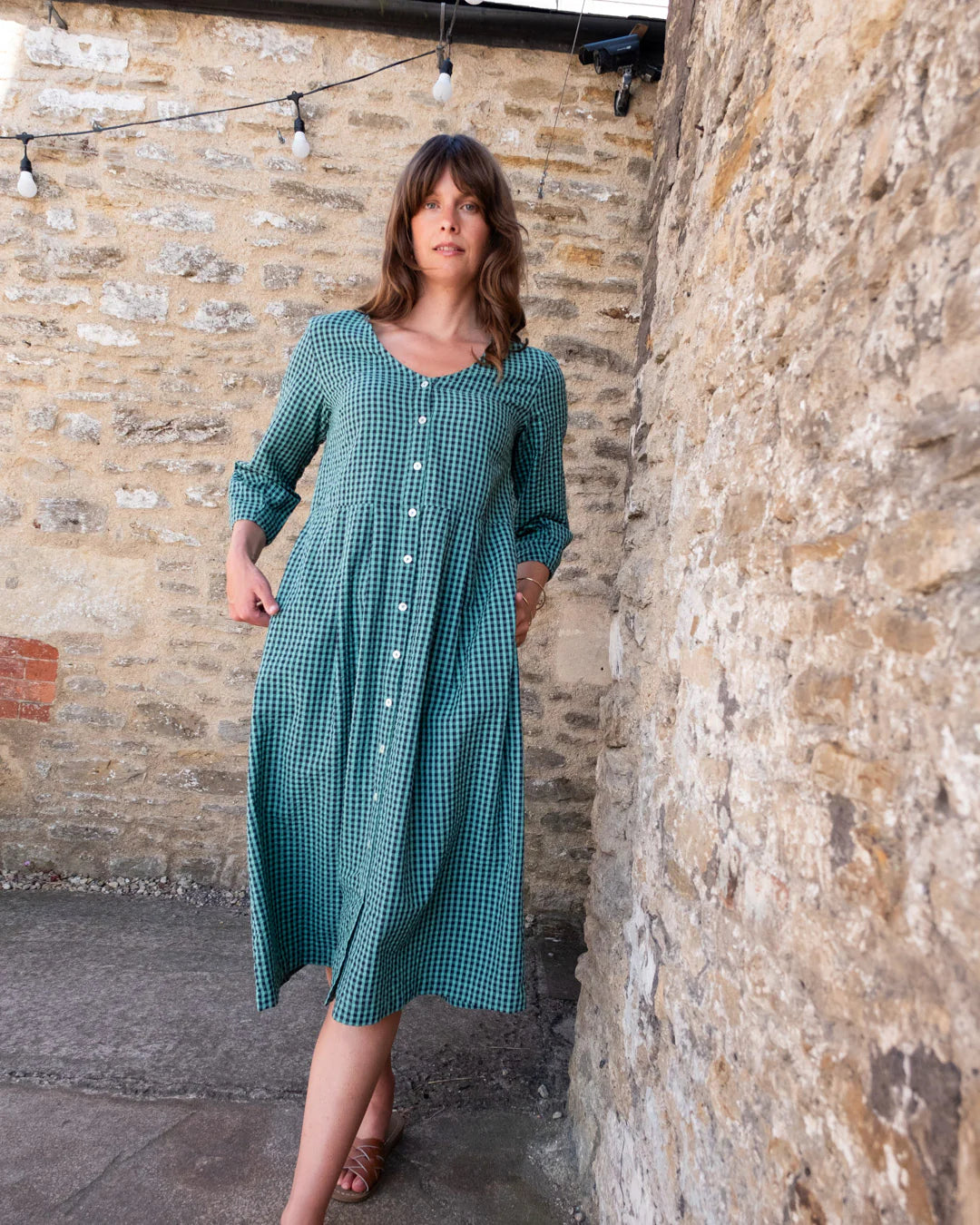 100% Organic Cotton Jane Midi Dress in Jade Gingham Check