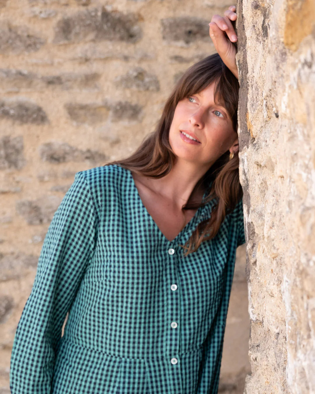 100% Organic Cotton Jane Midi Dress in Jade Gingham Check