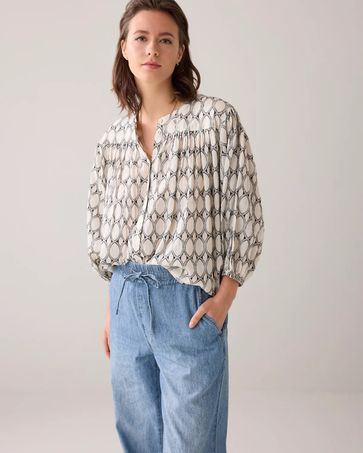 Oversized Cotton Voile Top in Black and Ivory