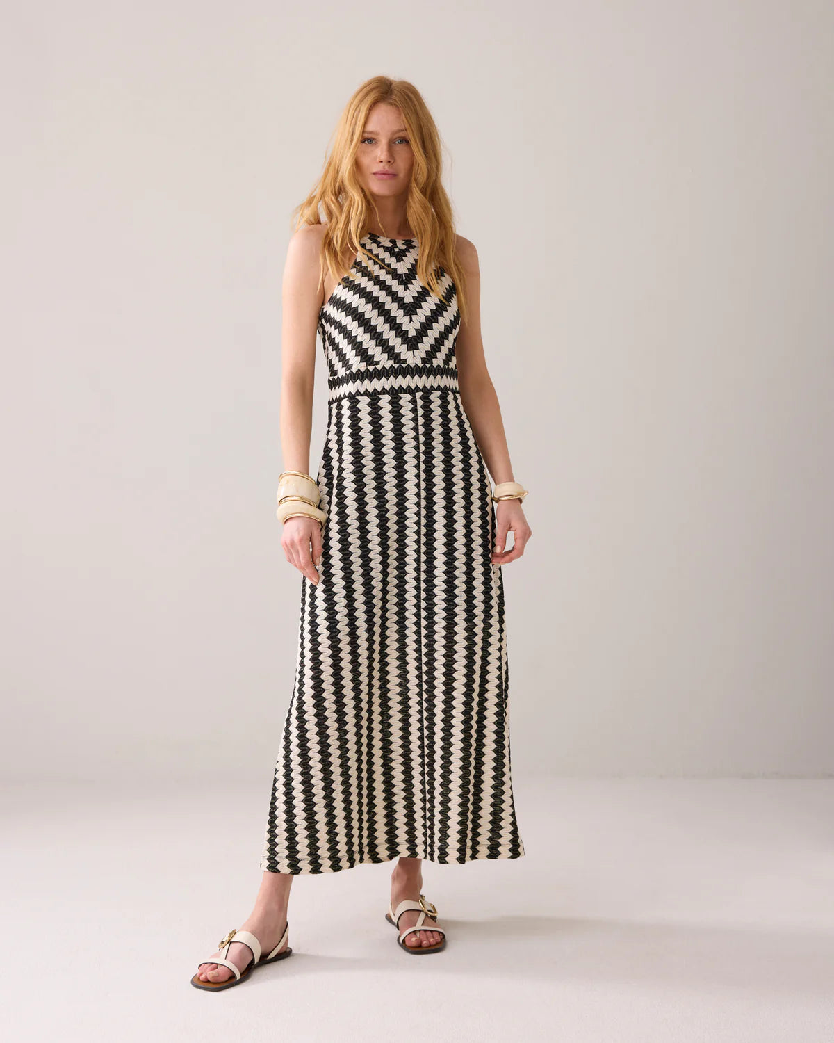 Cotton Mix Zig Zag Ivory and Black Maxi Dress