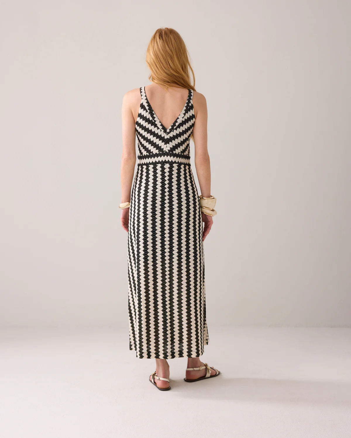 Cotton Mix Zig Zag Ivory and Black Maxi Dress