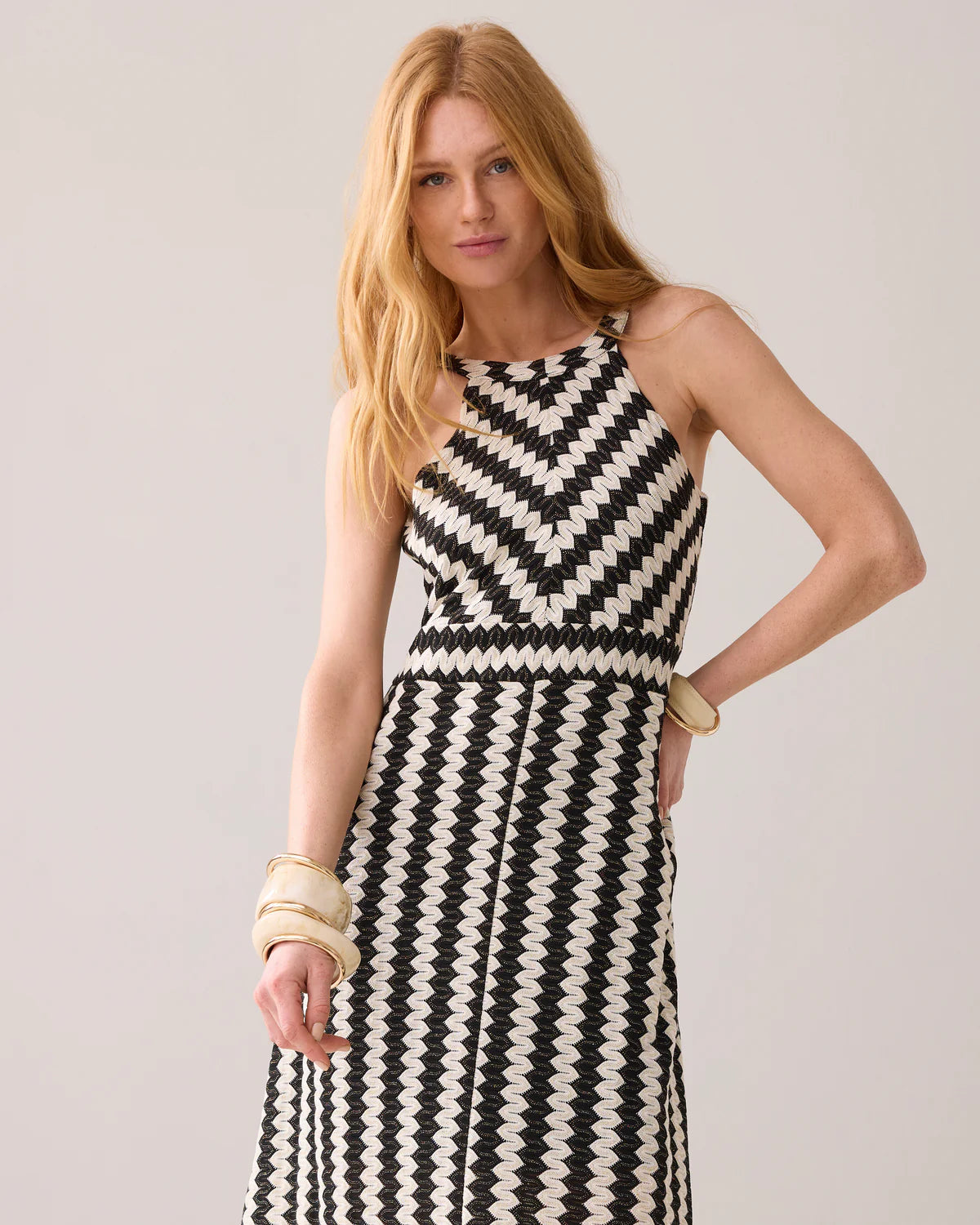 Cotton Mix Zig Zag Ivory and Black Maxi Dress