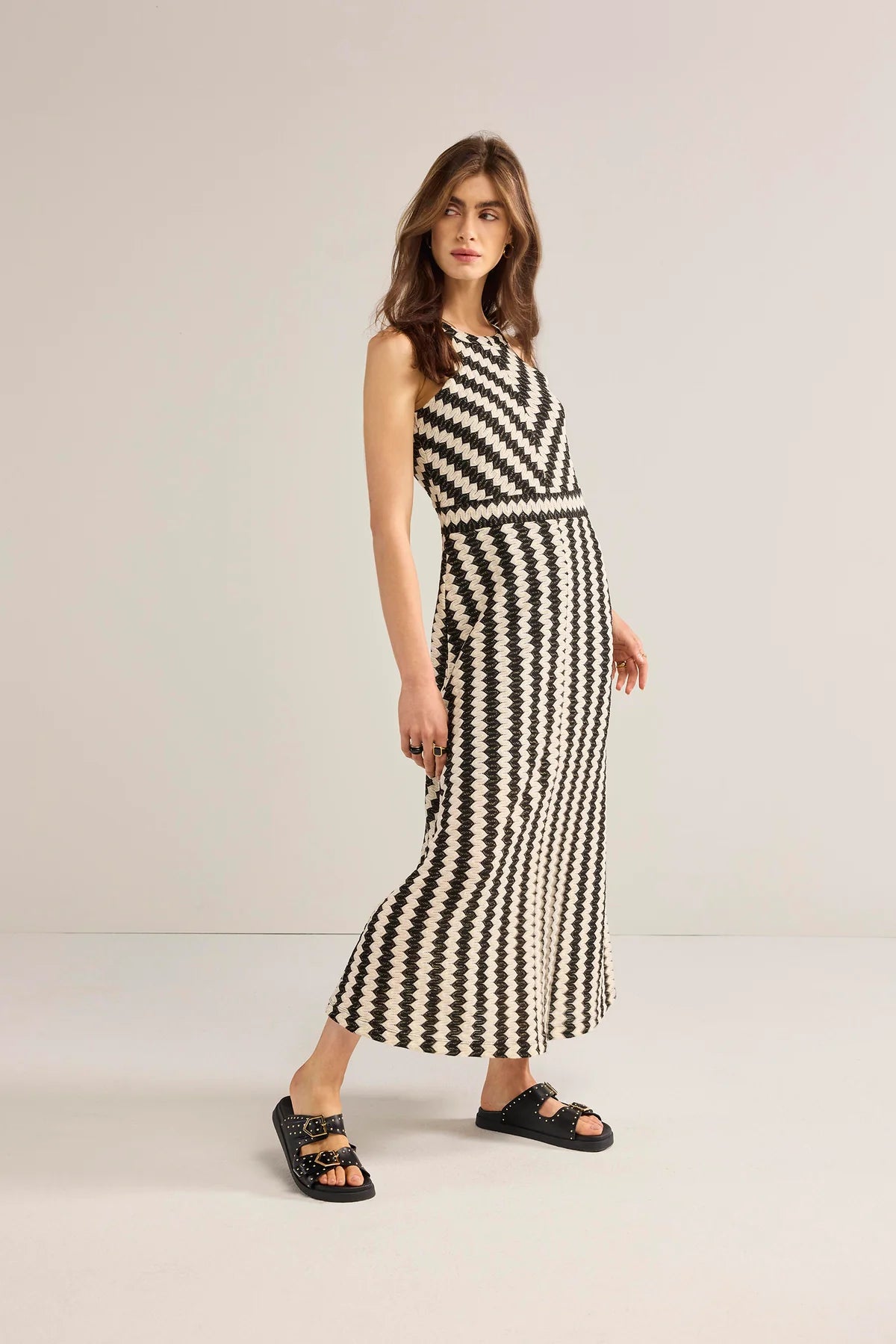 Cotton Mix Zig Zag Ivory and Black Maxi Dress