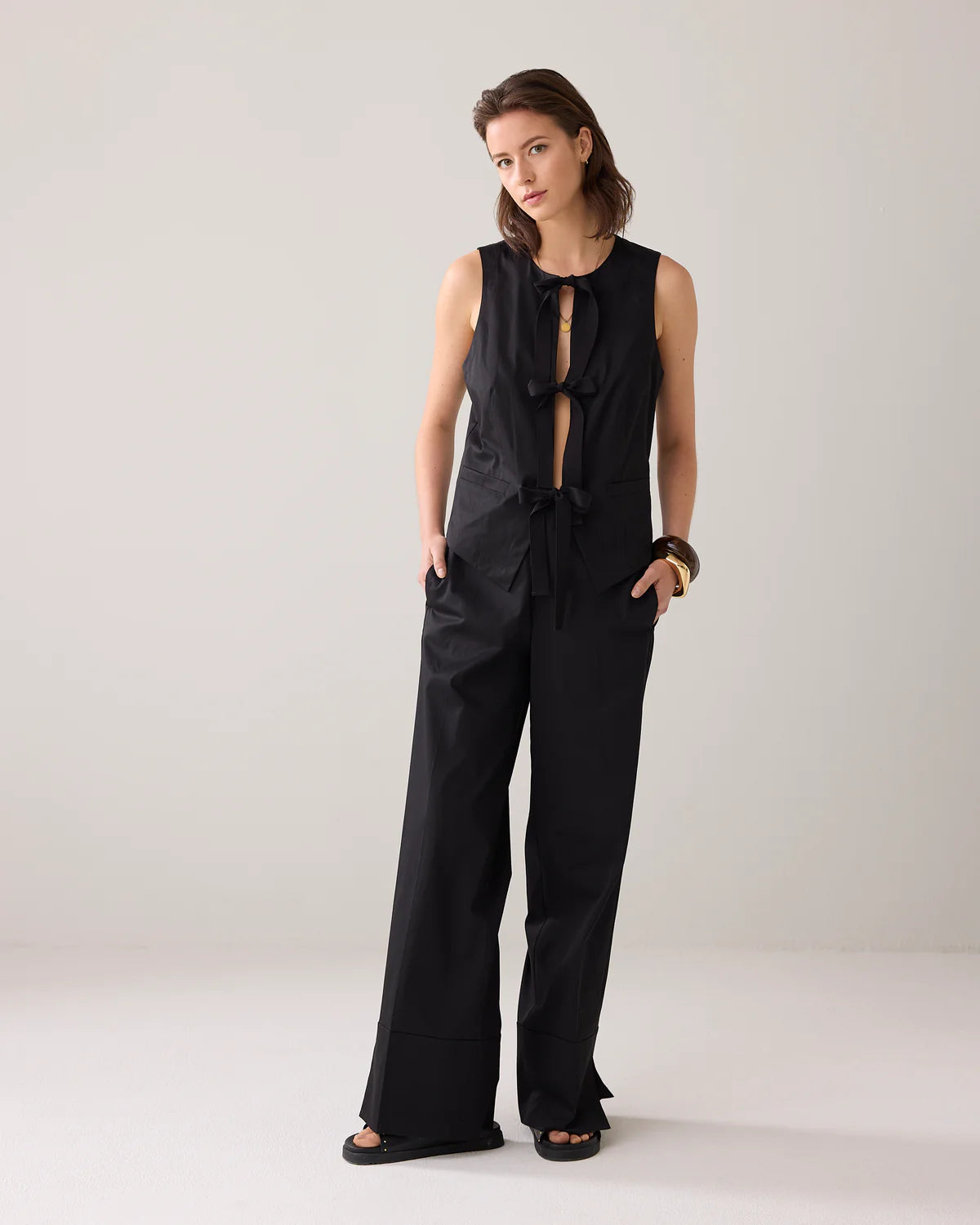 100% Cotton Black Gilet with bow fastening